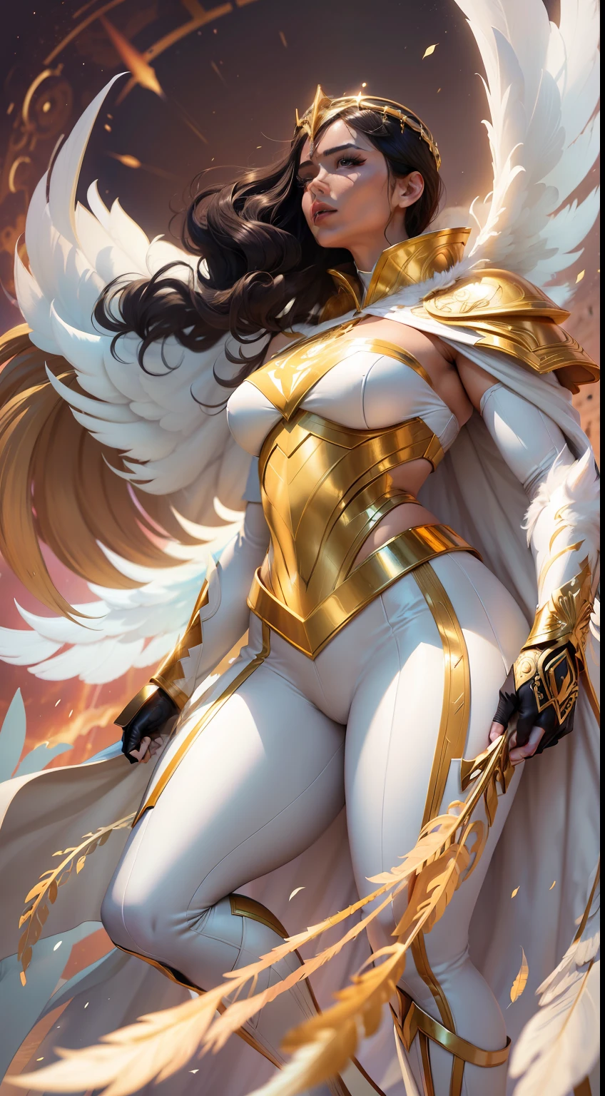 A unique female plus-sized superhero of unspecified race, white and gold superhero costume, white and gold robe with feather-like patterns, headpiece that looks like a halo. Modern comic book art, 8k resolution, vibrant colours, intricate detail