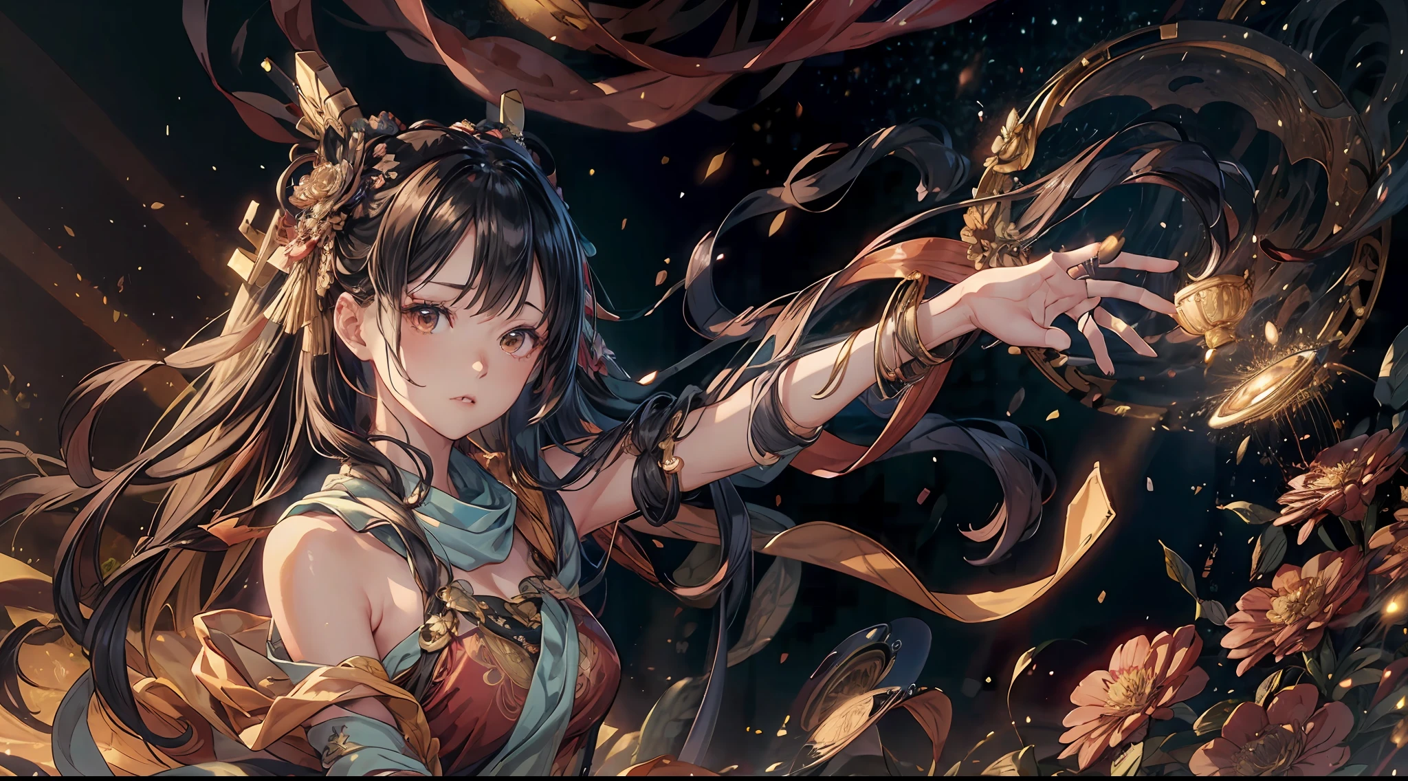 (RAW Photo, Best Quality), (Realistic, Photo Realistic: 1.3), Best Quality, Highly Detailed, Masterpiece, Ultra Detailed, Illustration, 1 Girl, upper_body, Dynamic Angle, World Mastery Theater, messy_long_hair, Best Quality, Extremely Detailed CG Unified 8k Wallpaper, Ink, Amazing, Movie Lights, lens_flare, dunhuang_style, Detailed Face, Beautiful Rendering of Tang Dynasty, (deliberate expression: 1.5), standing in a flower field, (looking up at the starry sky: 1.2), fireflies, floating scarves, Sony master shots, a woman posing for a picture in front of a tv, inspired by Fei Danxu, aesthetic!!!!!! female genie, brown hair and bangs, high definition screenshot, nicovideo, normal hands, vivic colors, full face shot of rimuru tempest, nice studio lighting, vhs screencap, beautiful fine - face, nami, ar