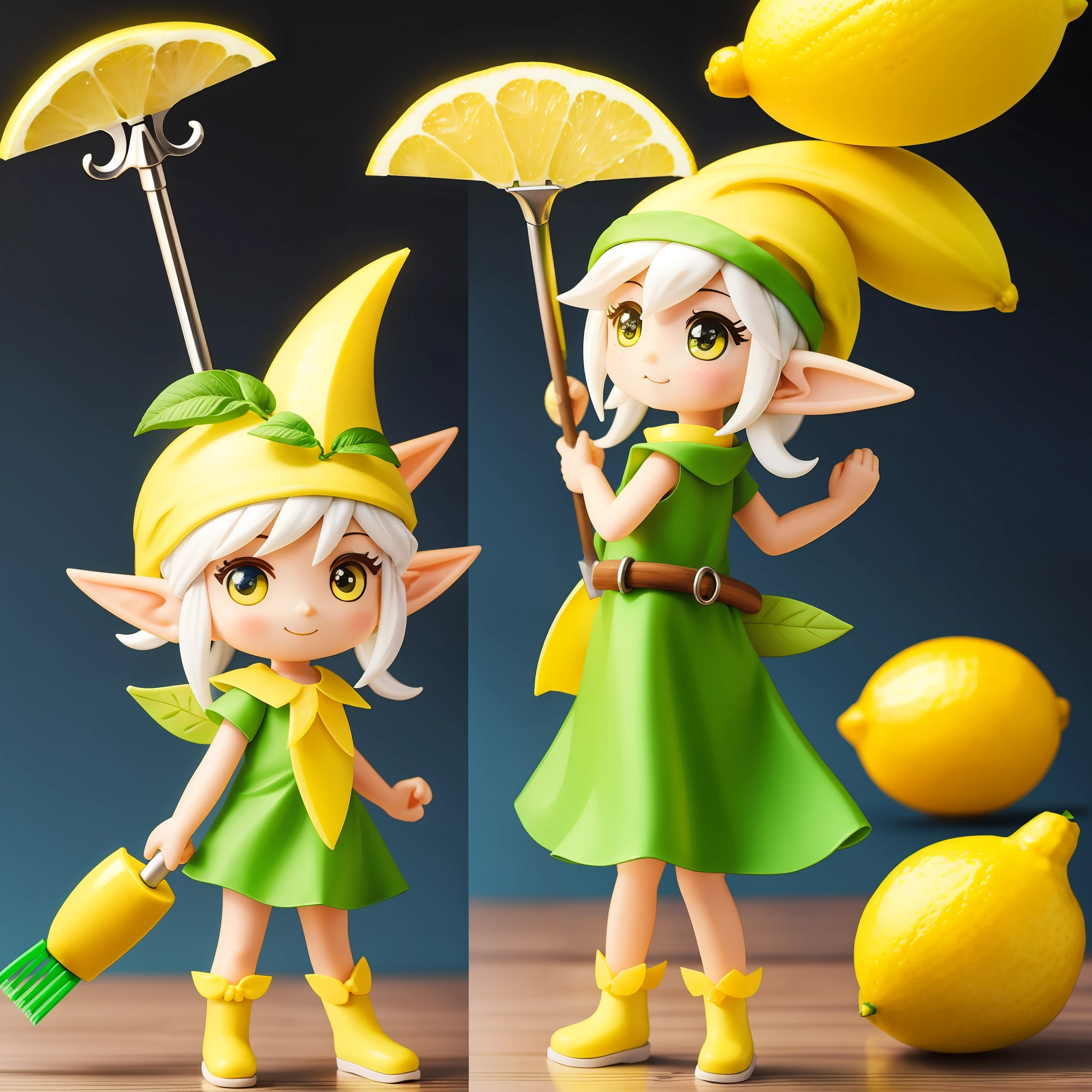 A lively and cute lemon elf,Its main part is a lemon,Wear a cleaning cap on the head,Cleaning tools in hand