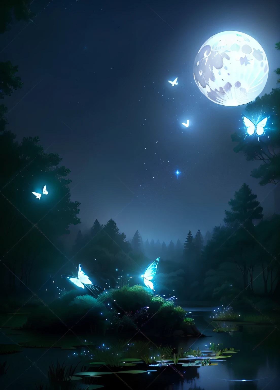 There are a lot of white butterflies flying around the pond at night, magical fairy background, the moonlit dance of the fae, moonlit night dreamy atmosphere, beautiful moonlight night, night forest background, calm evening. Digital illustration, Moonlight background, Fairy atmosphere, nighttime nature landscape, beautiful moon light, Very Beautiful Digital Art, Night background, magical forest with fireflies
