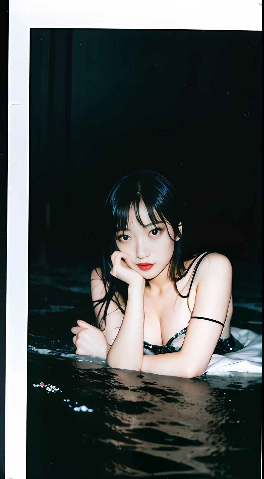 night scene, dark, a stunning photo with beautiful saturation by Emily Soto, pretty korean idol woman, (mature:1.3), best quality, sultry, seductive, wet (looking at viewer:1.3),