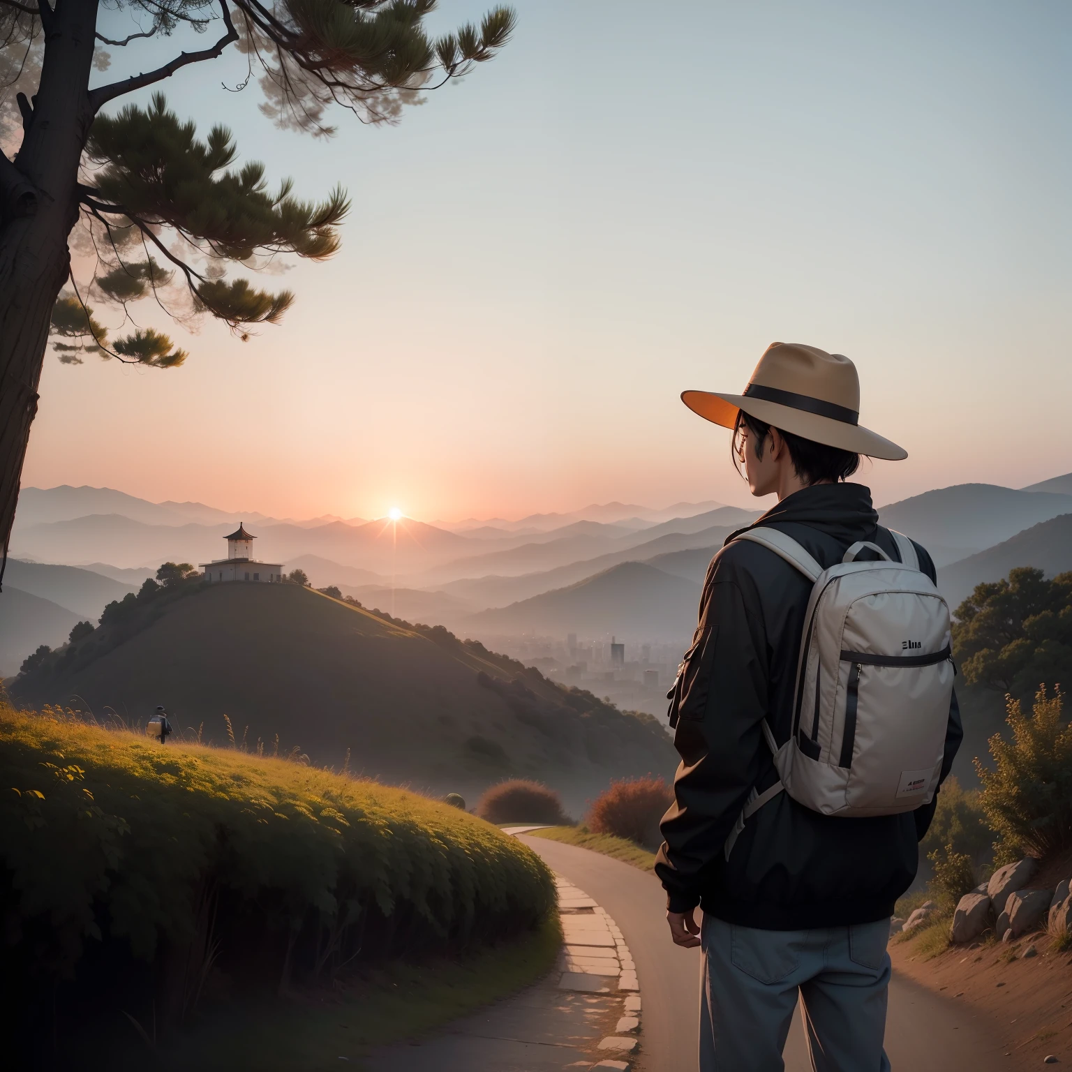 There was a man with a backpack standing on the hill,Photo in Park Ji-min's style,during sunrise,haze over the shoulder shot,reddit post,Best Photography 2022,Wear a black fisherman's hat at sunrise
