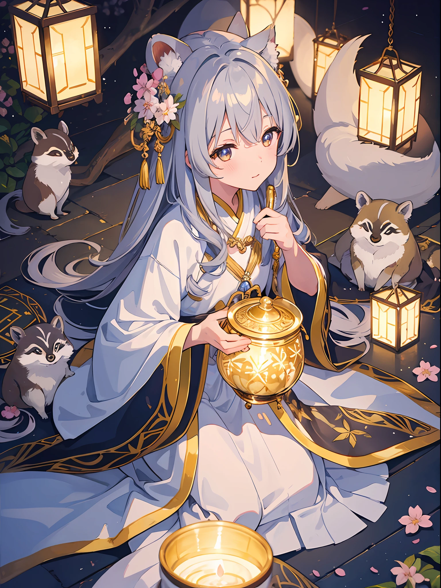 ((8k、​masterpiece、top-quality))、ink and watercolor painting、ink and watercolor painting、Witches、Silver eyes、Silvery hair、Traditional costumes、Tanuki ears、racoon tail、Beautiful light reflection、lensflare、Seasonal geometric patterns、Sakura blizzard、Young leaves in summer、Colored leaves、Snowflake、natural、the golden ratio、pastels、Soothing、Soft tones