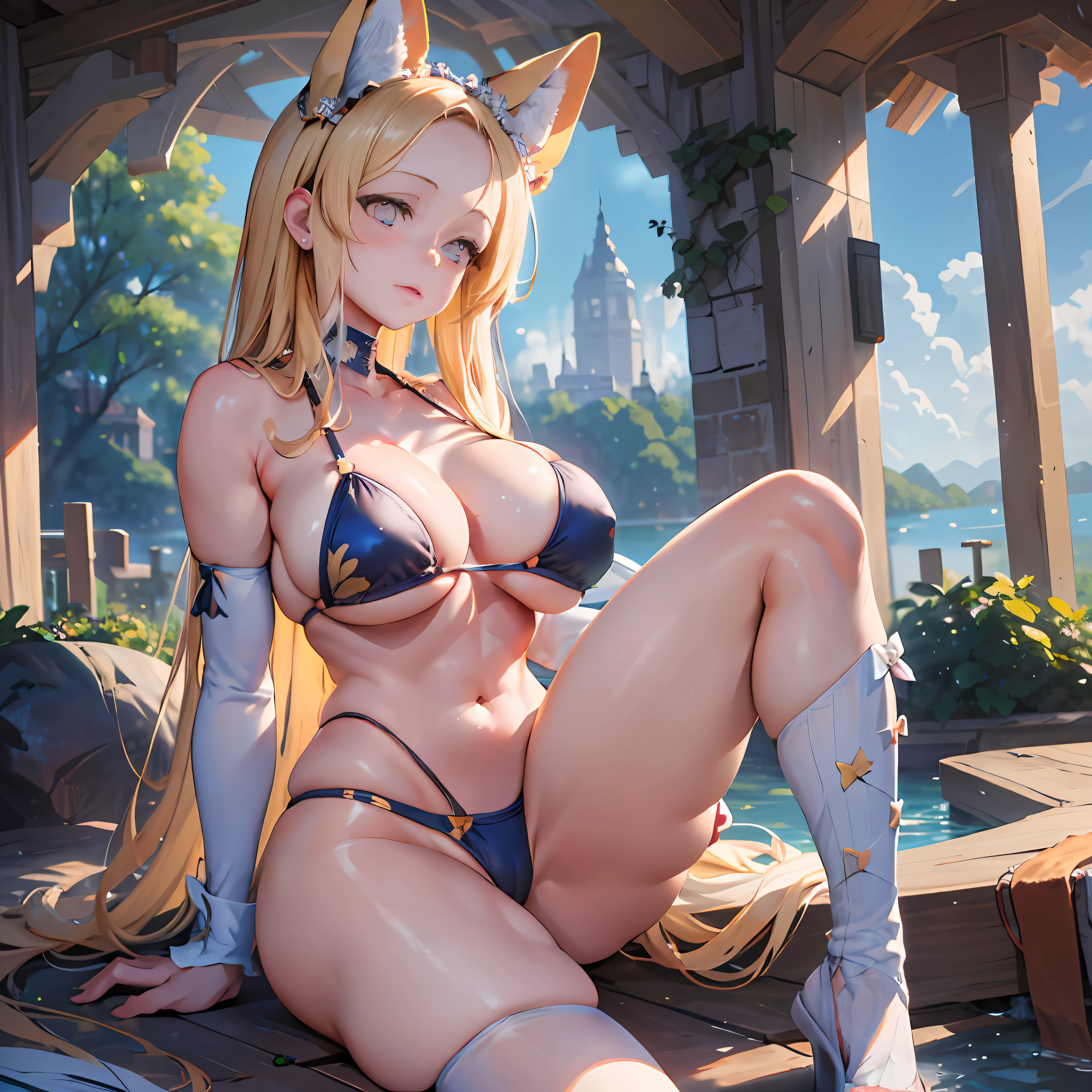 a girl. , (NSTDA.:1.2), (10, beste-Qualit, master-piece: 1.4), ultra-high resolution, (lifelike, photorealistic portrait: 1.48), 35 years old, Cute Girl, (See through the microcolor bikini beetle:1.11), Famous Japanese actors, gigantic breasts, Blue Eyes, Head tilt, cowboy shot, from the side, looking at the audience, expressionless, Beautiful lake, Zeiss 150mm F/ 2.8 Hasselblad,  Whole body, foot, Ultra-Wide Angle