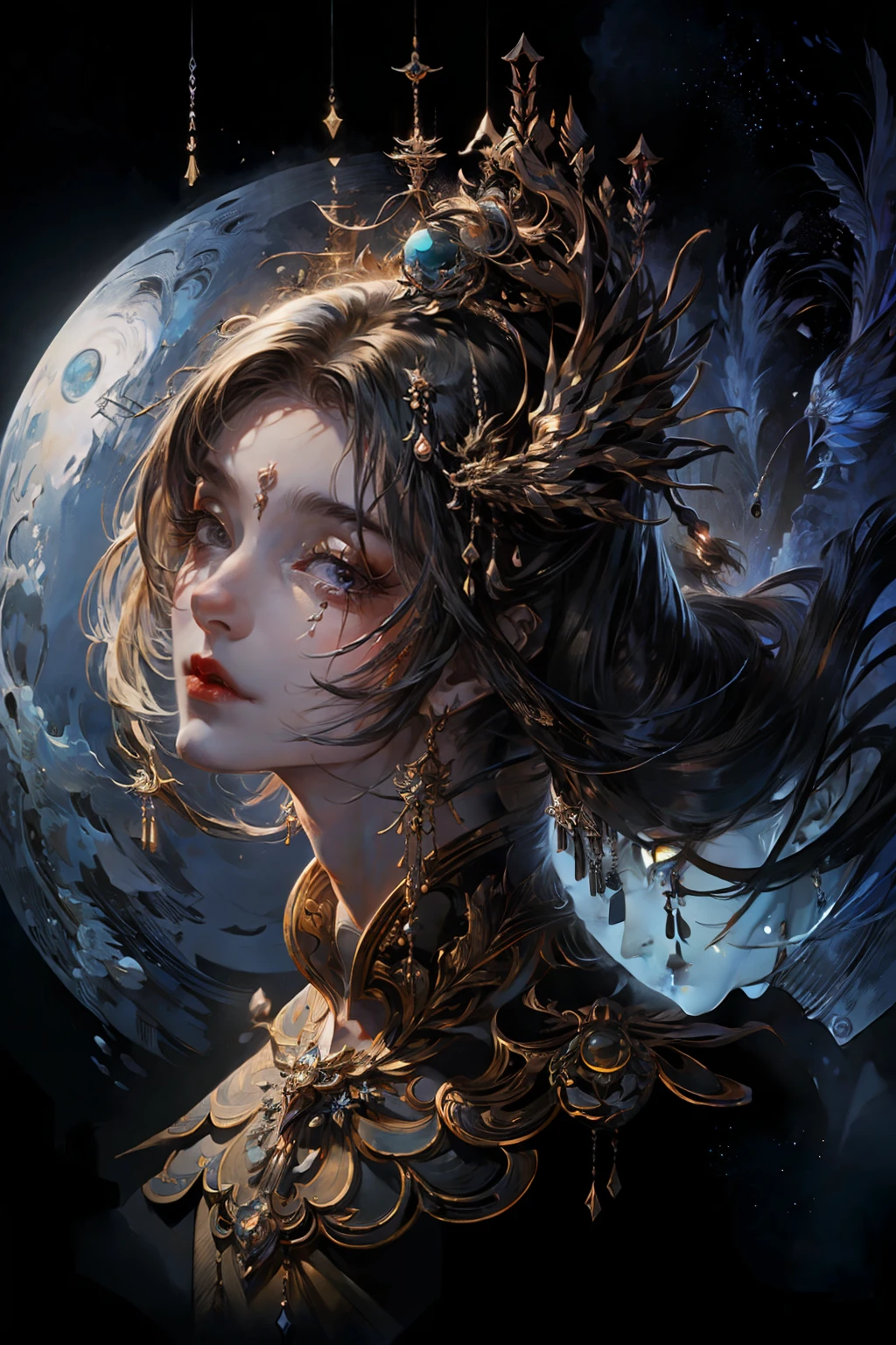 Moon goddess, from above angle, dynamic pose, award-winning photography, complex, detailed, stunning, fine detail, sensual, evocative, extremely detailed face, piercing eyes, nikon d850 film, lens, portra 400 f1.6, rich colors, ultra-realistic texture, spectacular, bright, popular at art stations: cinc tungsten up to 800 ( facial transparency: 1.5), anatomical masterpiece, cinematic, model style ( highly detailed CG wallpaper Unity 8k)