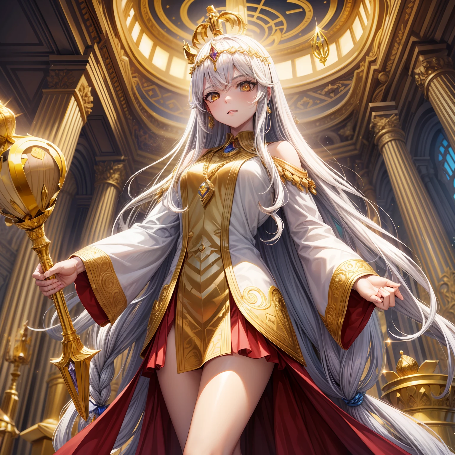 a pregirl,quadratic element,comic strip,opulent,In the palace,Golden eyes,Crown on head,Hold the scepter in both hands,long whitr hair,best qualtiy,tmasterpiece