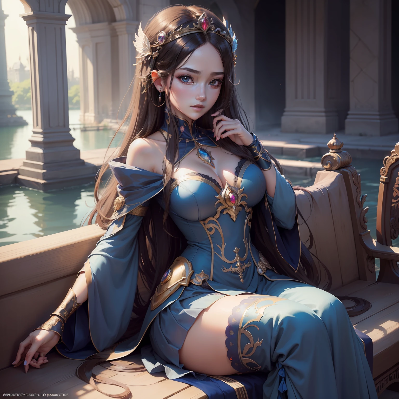 1girl, 16k, hd, detailed, futuristic, masterpiece, detailed face, complex_background, no_humans, detailed face, beautiful detailed eyes), High contrast, (best illumination, an extremely delicate and beautiful), glow, light particles,
a woman in a blue dress sitting on a bench near a lake, cute anime waifu in a nice dress, beautiful alluring anime woman, ((a beautiful fantasy empress)), beautiful anime woman, beautiful anime girl, beautiful character painting, anime goddess, a beautiful fantasy empress, seductive anime girl, extremely detailed artgerm, beautiful fantasy anime, attractive anime girl, long dark hair, distant castle, fantasy. outdoor