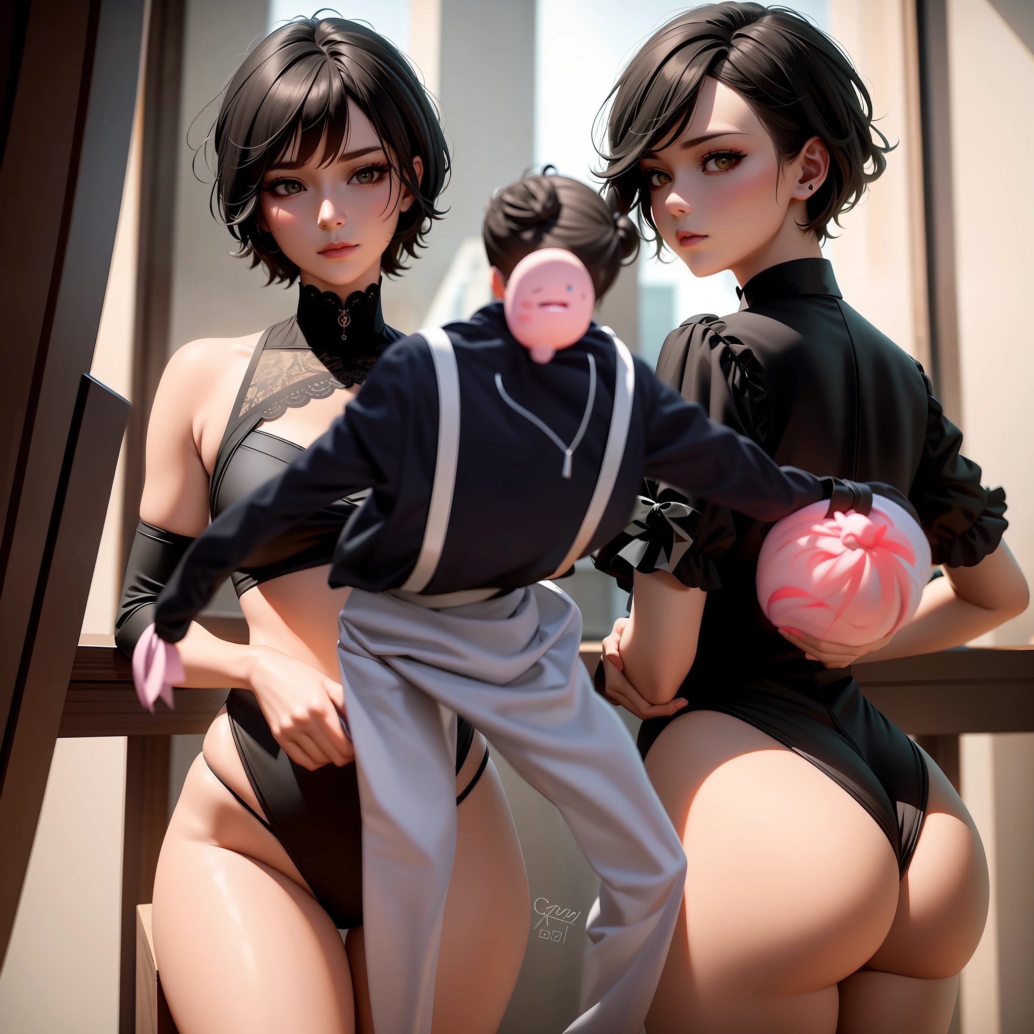 they are two women in black outfits holding a doll and a doll, artwork in the style of guweiz, highly detailed exquisite fanart, high quality fanart, guweiz masterpiece, photorealistic full body, realistic anime 3 d style, hyperrealistic schoolgirl, [ 4 k photorealism ]!!, hyper realistic content, a hyperrealistic schoolgirl