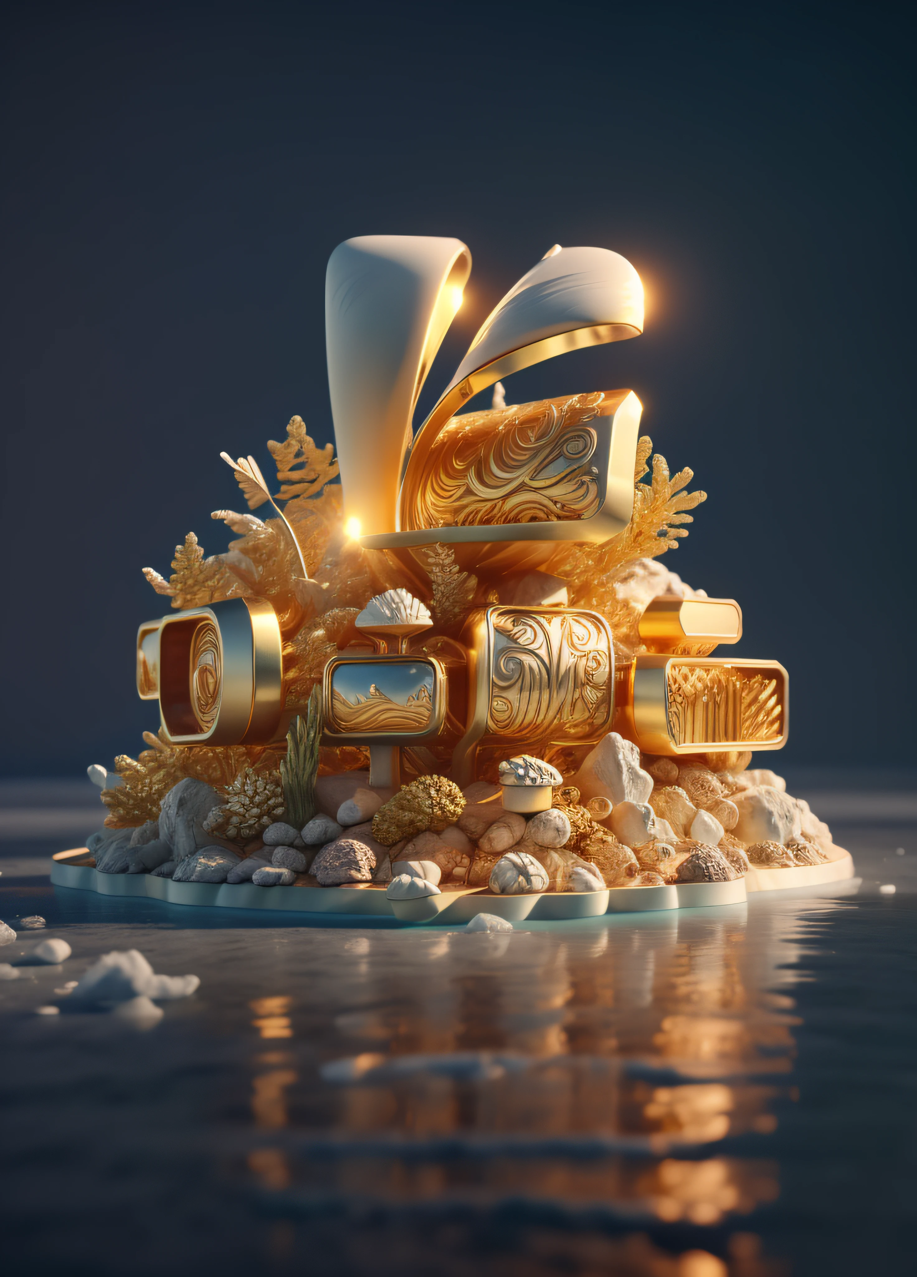 seabed, Ice, gold, Type art, heavily stylized, unreal engine 5 render, Atmospheric, crepuscular ray, Ivory gold aluminum 4k 3d, god light, Masterpiece, Best quality