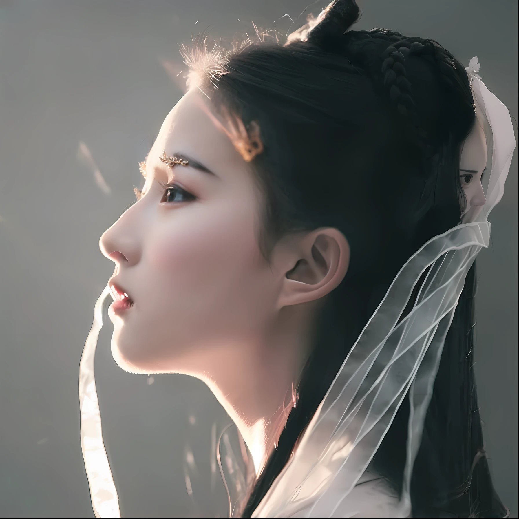 There is one with a veil on his head,Woman with a veil on her head, Palace , A girl in Hanfu, White Hanfu, Hanfu, inspired by Zhang Yin, inspired by Zhang Yan, Xianxia, xianxia fantasy, inspired by Yun Du-seo, Inspired by Qiu Ying, Inspired by Tang Yifen, Inspired by Huang Ji,(((((Liu Yifei)))))