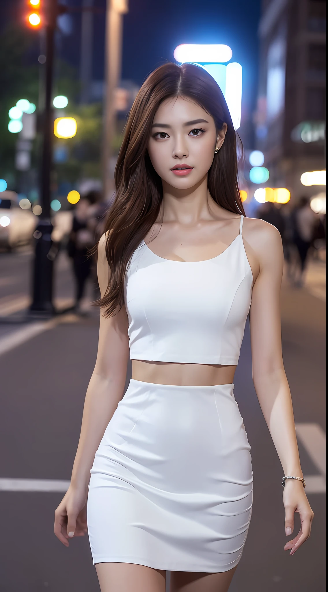 ((Realistic lighting, Best quality, 8K, Masterpiece: 1.3)), Focus: 1.2, 1girl, Perfect Figure: 1.4, Slim Abs: 1.1, ((Dark brown hair)), (White dress: 1.4), (Outdoor, Night: 1.1), City streets, Super fine face, Fine eyes, Double eyelids,