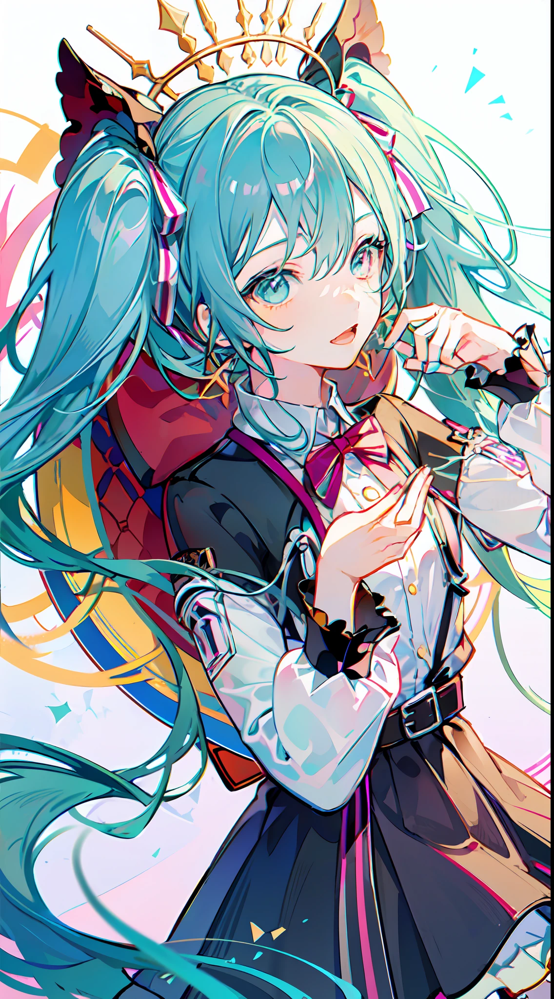 (masterpiece, super detail,) anatomically correct, 1anime girl, nigomiku, heterochromia, aqua eyes, pink eyes, white skirt, With sparkling eyes and long and fluffy blue hair, she wears a colorful outfit and enchants people with her wonderful voice. Her name is Hatsune Miku, the most famous virtual singer in the world.