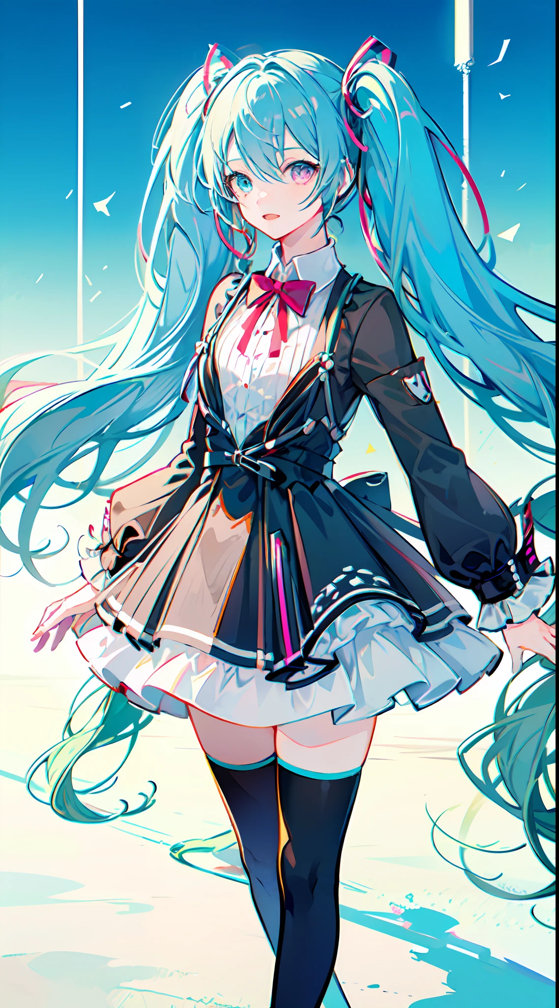 (masterpiece, super detail,) anatomically correct, 1anime girl, nigomiku, heterochromia, aqua eyes, pink eyes, white skirt, With sparkling eyes and long and fluffy blue hair, she wears a colorful outfit and enchants people with her wonderful voice. Her name is Hatsune Miku, the most famous virtual singer in the world.