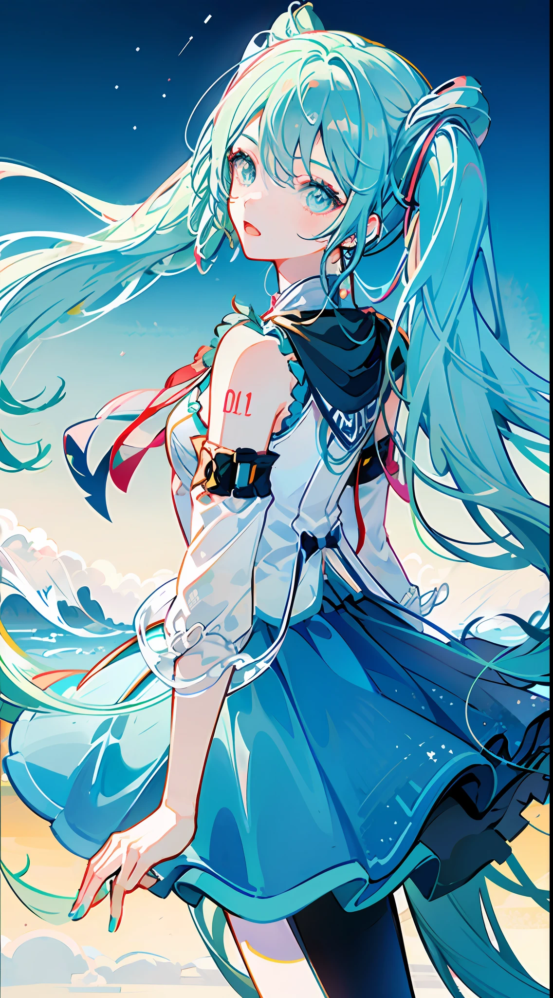 (masterpiece, super detail,) anatomically correct, 1anime girl, vivimiku, blue skirt, With sparkling eyes and long and fluffy blue hair, she wears a colorful outfit and enchants people with her wonderful voice. Her name is Hatsune Miku, the most famous virtual singer in the world.