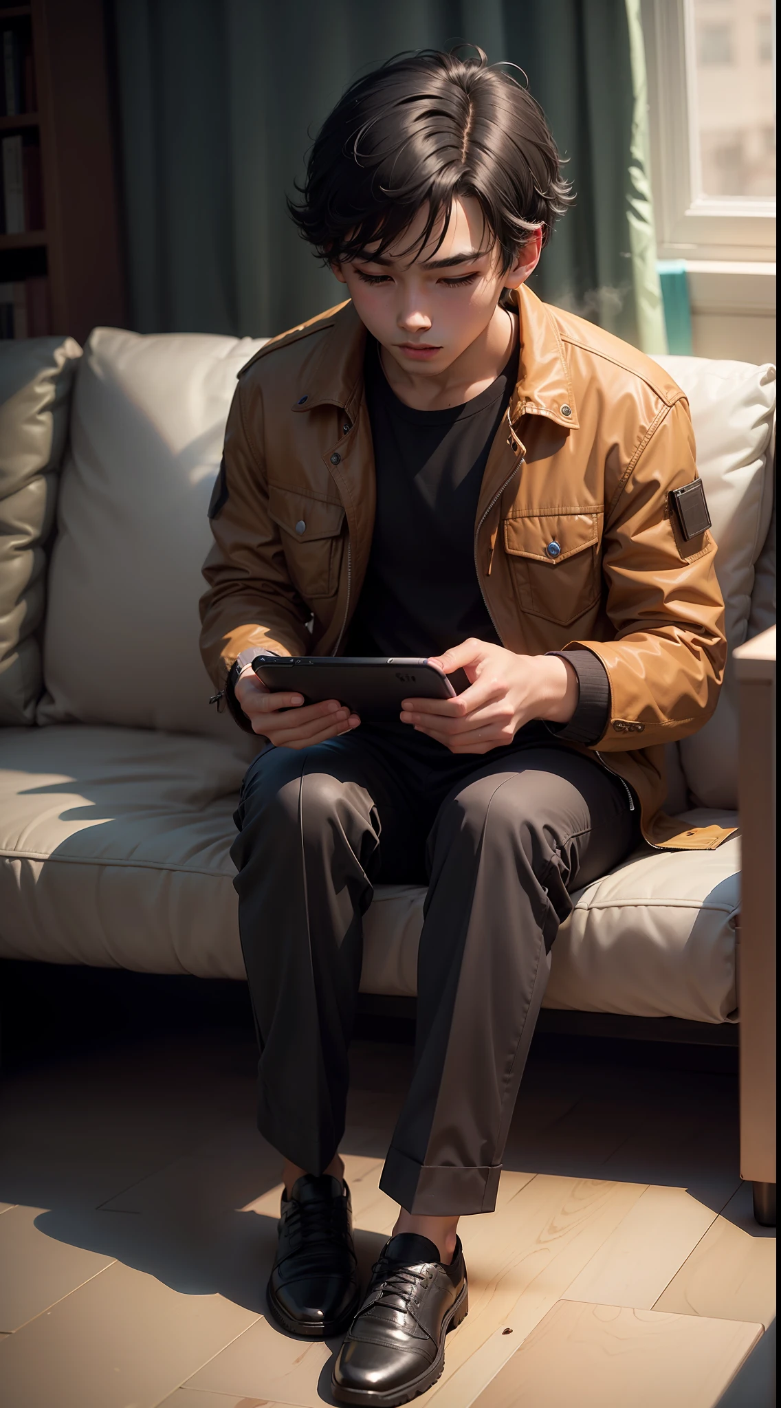 1boy, black hair, hair short, brown jacket,trouser black, long trouser, playing games on cell phones, sitting playing games handphone, best quality, high, quality, realistic, ultra detail