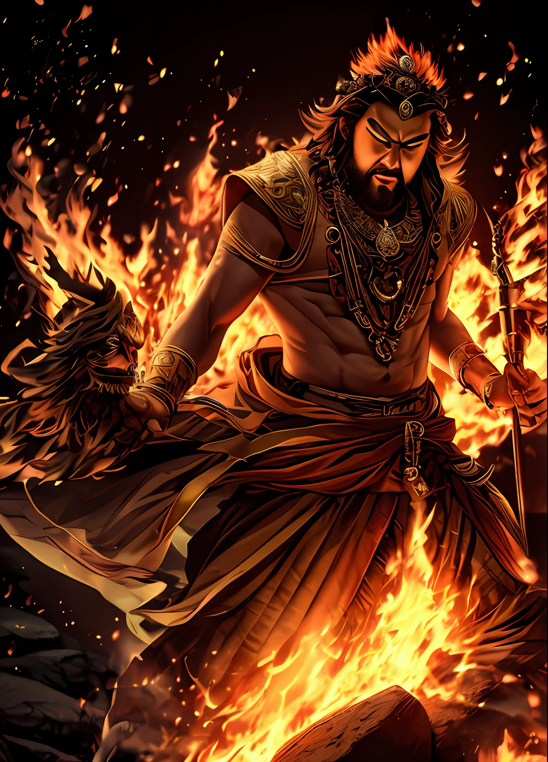 Tall and angry mighty, Holding a single-stranded pestle in his hand，Tiger teeth exposed，Shiny skin，jewelry，choker necklace，Yingluo，Pedras preciosas，The whole body is on fire，One foot on a rock，Head background with glowing circle，In addition to the role, The picture is all fire，Flames fill the picture，The fire burst into the sky，（tmasterpiece）， best qualtiy， 超高分辨率，closeup cleavage，  cinmatic lighting， high detal，  dramatics， Photorealsitic