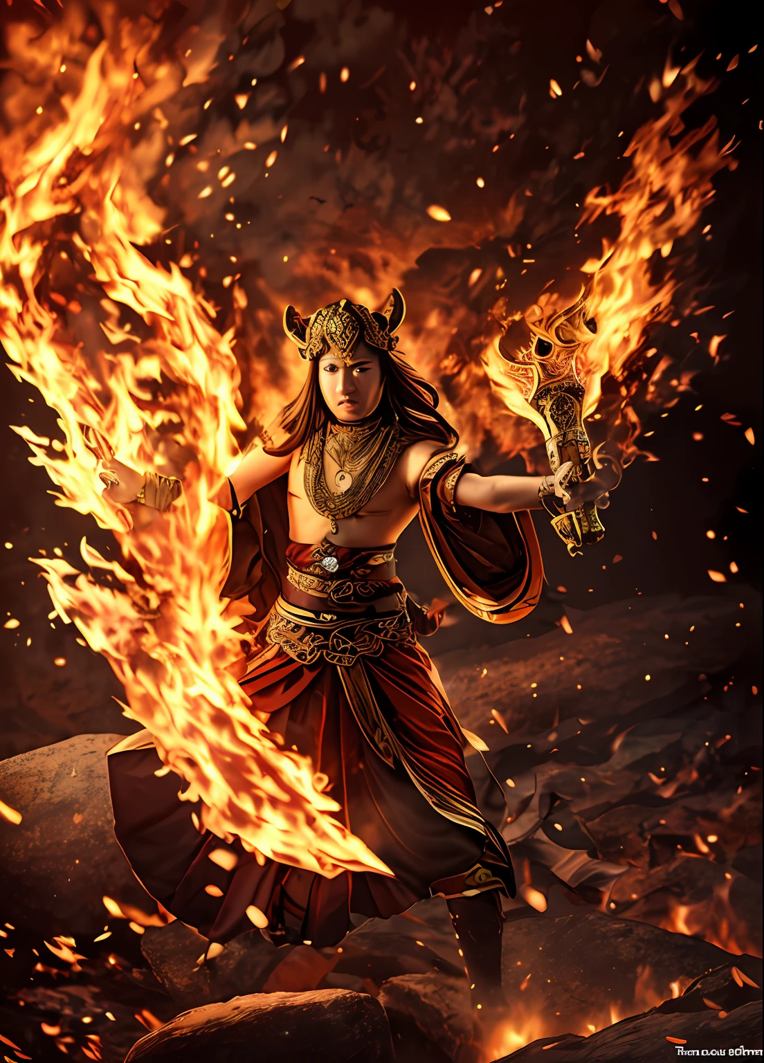 Tall and angry mighty, Holding a single-stranded pestle in his hand，Tiger teeth exposed，Shiny skin，jewelry，choker necklace，Yingluo，Pedras preciosas，The whole body is on fire，One foot on a rock，Head background with glowing circle，In addition to the role, The picture is all fire，Flames fill the picture，The fire burst into the sky，（tmasterpiece）， best qualtiy， 超高分辨率，closeup cleavage，  cinmatic lighting， high detal，  dramatics， Photorealsitic