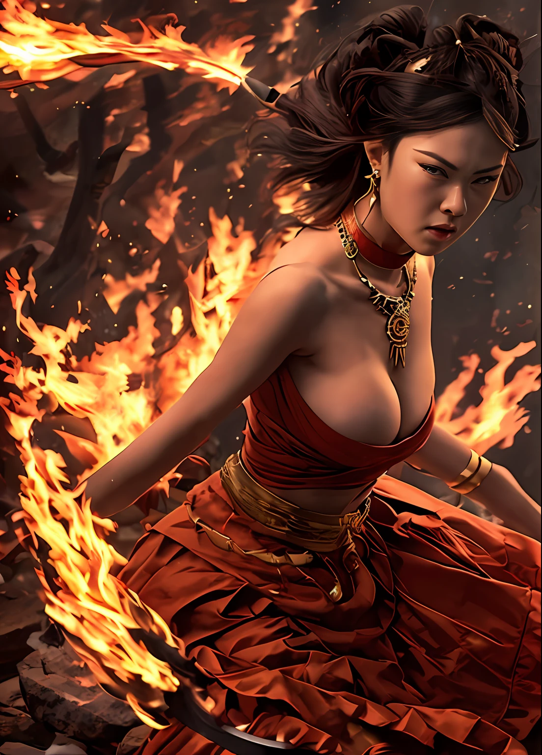 Tall and angry mighty, Holding a single-stranded pestle in his hand,Tiger teeth exposed,Shiny skin,jewelry,choker necklace,Yingluo,Pedras preciosas,The whole body is on fire,One foot on a rock,Head background with glowing circle,In addition to the role, The picture is all fire,Flames fill the picture,The fire burst into the sky,(tmasterpiece), best qualtiy, 超高分辨率,closeup cleavage, cinmatic lighting, high detal, dramatics, Photorealsitic