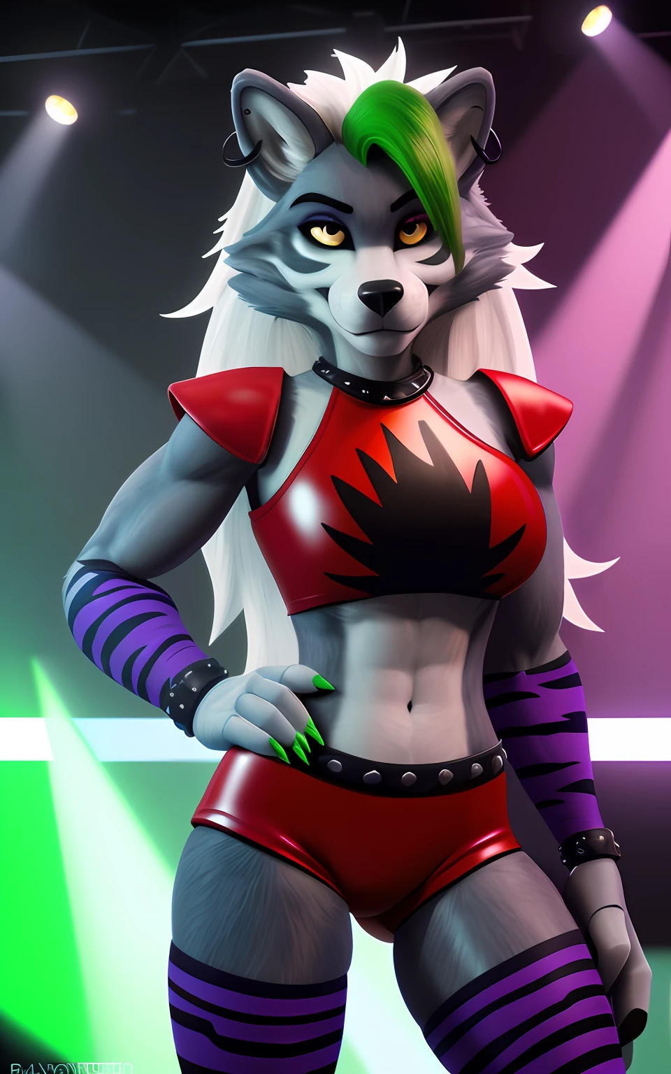 [Roxanne_Wolf], [FNAF:_Security_Breach], [Uploaded to e621.net; (Foxovh), (Pixelsketcher), (mayosplash], ((masterpiece)), ((solo portrait)), ((furry; antrho wolf girl)), ((detailed fur)), ((raytracing)), ((detailed shading)), ((beautiful 2D art)), {anthro wolf; (grey fur, white belly), (yellow eyes; black pupils), long white messy hair, (green highlighted bang), (green claws), seductive gaze; (bedroom eyes, smug smirk), large boobs, red crop top, tight red leather shorts, (purple tiger-striped bracers), (purple tiger-striped legwear), (gold earring on right ear), (defined leg muscles)}, {(standing), (hand on hip), head tilted sideways), attractive pose), (looking down at viewer)}, [background; indoors, stage (bright lights)]