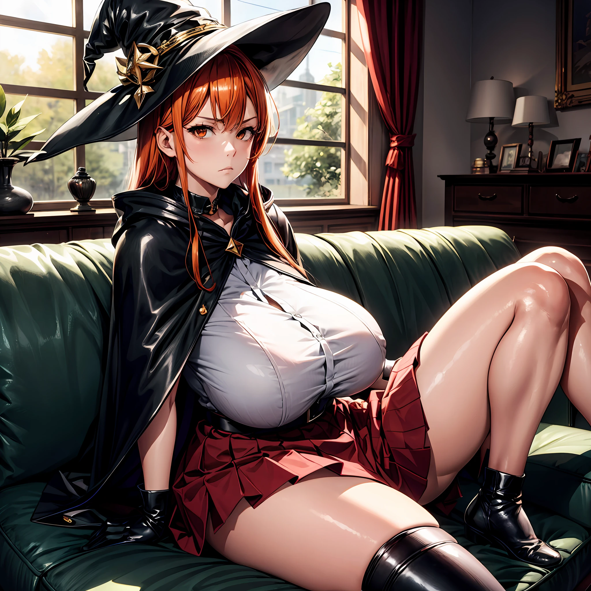 masterpiece, best quality, ultra high res, ultra-detailed, hime hair style, orange hair, brown eyes, huge breasts, wide hips, skirt, couch, sitting, young adult, 1 girl, alone, elagant, ,takeda hiromitsu style, black witch outfit, witch hat, cloak, black gloves, white shirt, sharp face, alabaster skin, proud, aloof look, indifferent