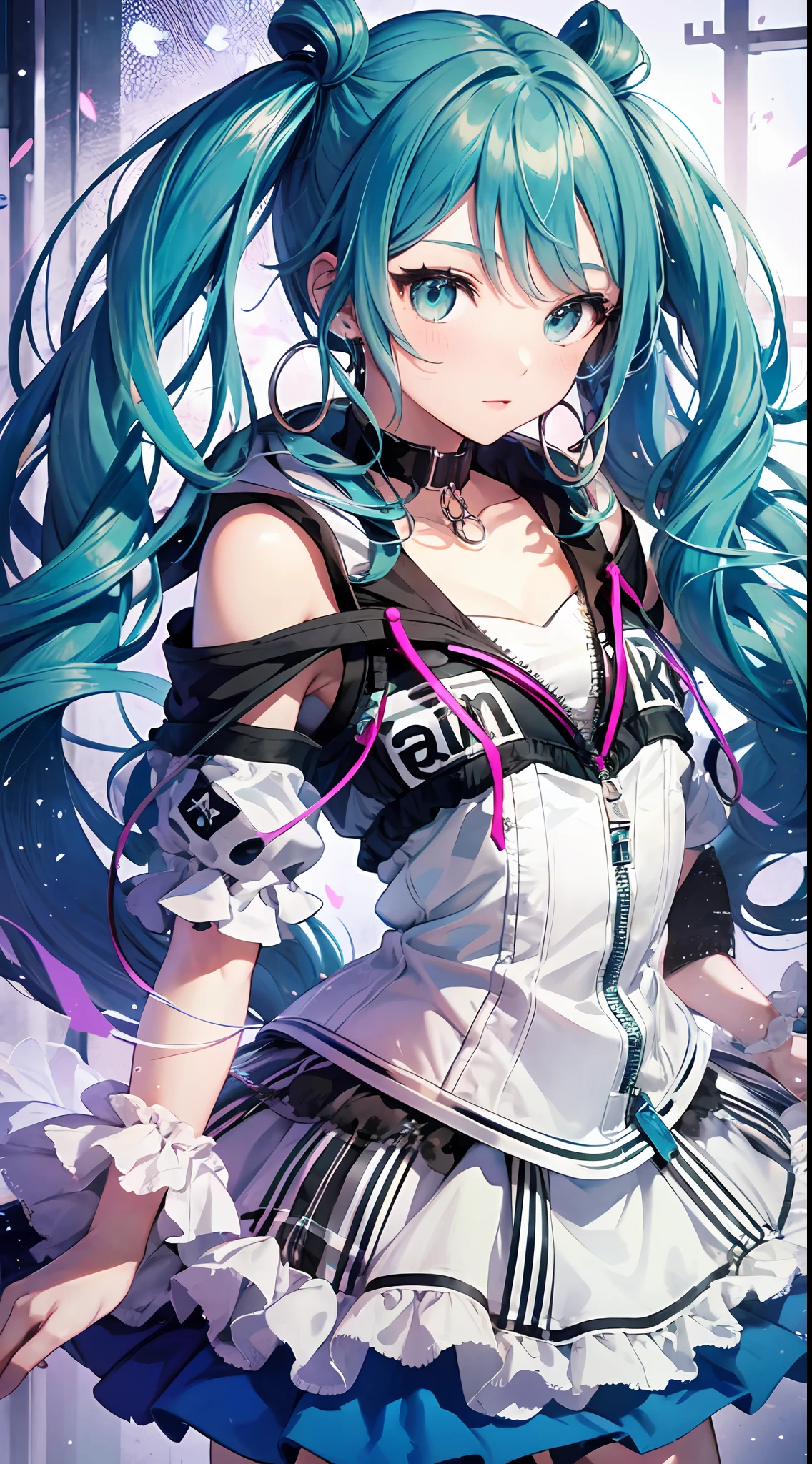 (masterpiece, super detail,) anatomically correct, 1anime girl, vivimiku, blue skirt, With sparkling eyes and long and fluffy blue hair, she wears a colorful outfit and enchants people with her wonderful voice. Her name is Hatsune Miku, the most famous virtual singer in the world.