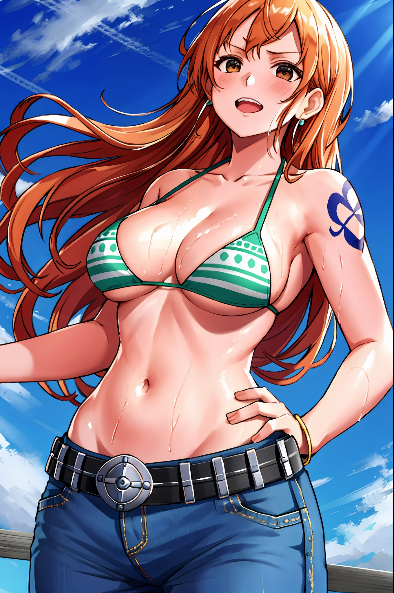 detailed background, masterpiece, 4k, epic, best quality, late youth, adult, milf, wrestler body, 1girl, active, energic, (wide open mouth) , solo, nami \(one piece\), 1girl, bangle, (very wet, drenched in sweat, sweat all over body, very missy hair, tired, open mouth, exhausted, screaming, sweaty face, sweaty body, bruises, injury, feeling hot, sweating too much, blushing, tilting head, shiny sweat, hands on hips, serious, glaring, open eyes, looking up, perfect detailed face, round face, sweat on face) bold drawing lines, muscular arms, detailed bold arm lines, flat jaw, adult woman, wavy wide streaked bangs, floating bang, (big cheeks), bare shoulders, off-shoulders, belt, bikini, bikini top only, blue sky, bracelet, springy breasts, breast lines, big round eyes, very big brown shiny eyes, bubbles, high eye position, cleavage, cloud, day, denim, earrings, floating hair, shiny hair, green belt, green bikini, bold groin lines, jeans, jewelry, medium breasts, log pose, long hair, looking at viewer, long navel, wet hair, orange hair, pants, shoulder tattoo, sidelocks, sky, solo, standing, stomach, swimsuit, tattoo, detailed left arm, big forehead, hourglass figure, small head, toned body, wide hair, wind effect, sun effect, under the sun, narrow small ears angle, older, random angles,