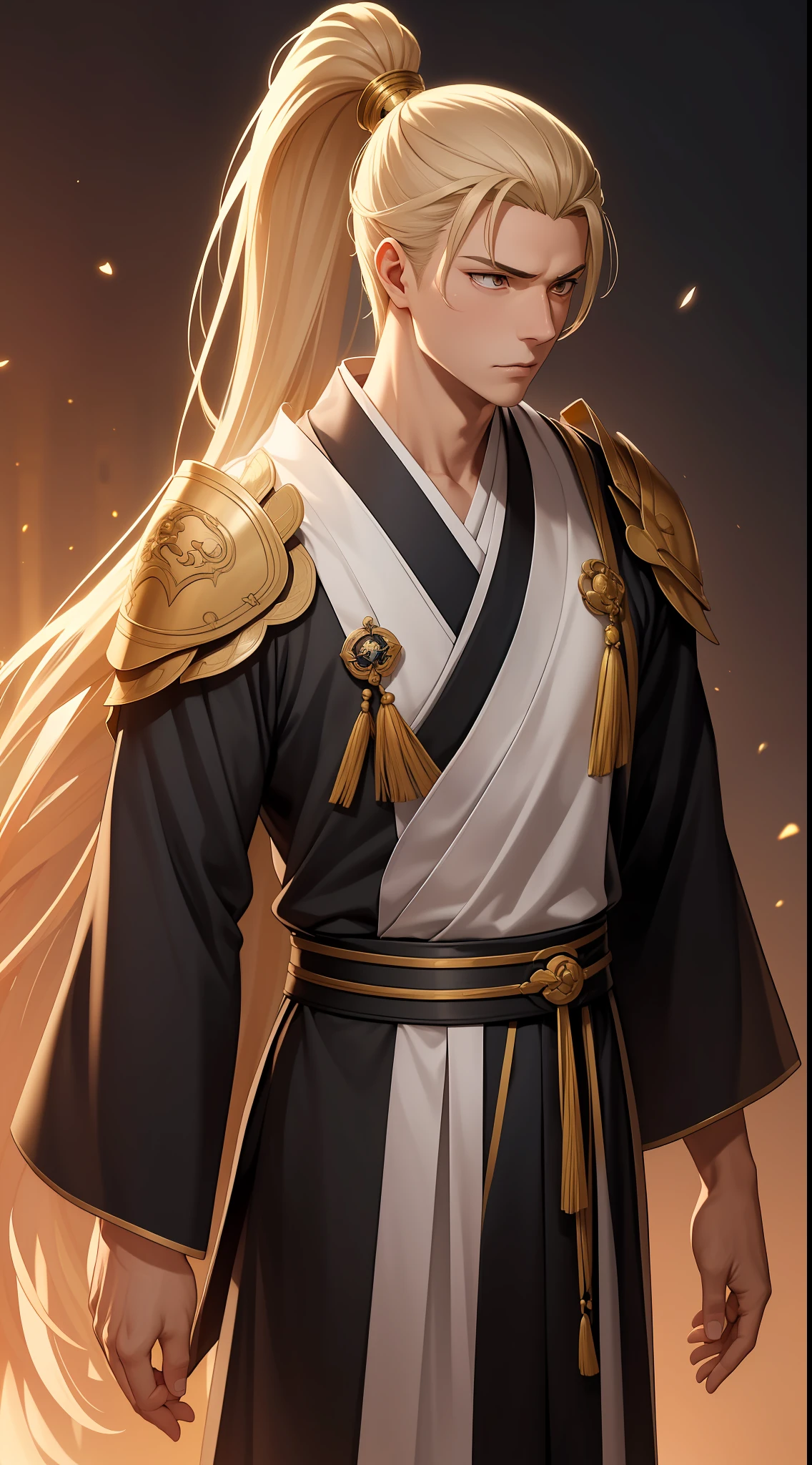 quadratic element,style of anime,mtu(Male Warrior),The proportions are correct,Face details,swordsmen,High ponytail hairstyle,Neck details,There is an Adam's apple,Golden Hanfu,kaftan,Embroidered robes,Golden robes,clothes details,Handing over,longer sleeves,Game quality,Swordsmanship,Light and shadow tracking,Ray traching,detailed glow,cg render,hair detail,cabellos largos dorados,Golden eyes,Handsome,Handsome,(juvenile sense),Clothing is complicated,Perfectcomposition,Refinement,high qulity,higher details,Lots of details,The background is complex,a sense of atmosphere,