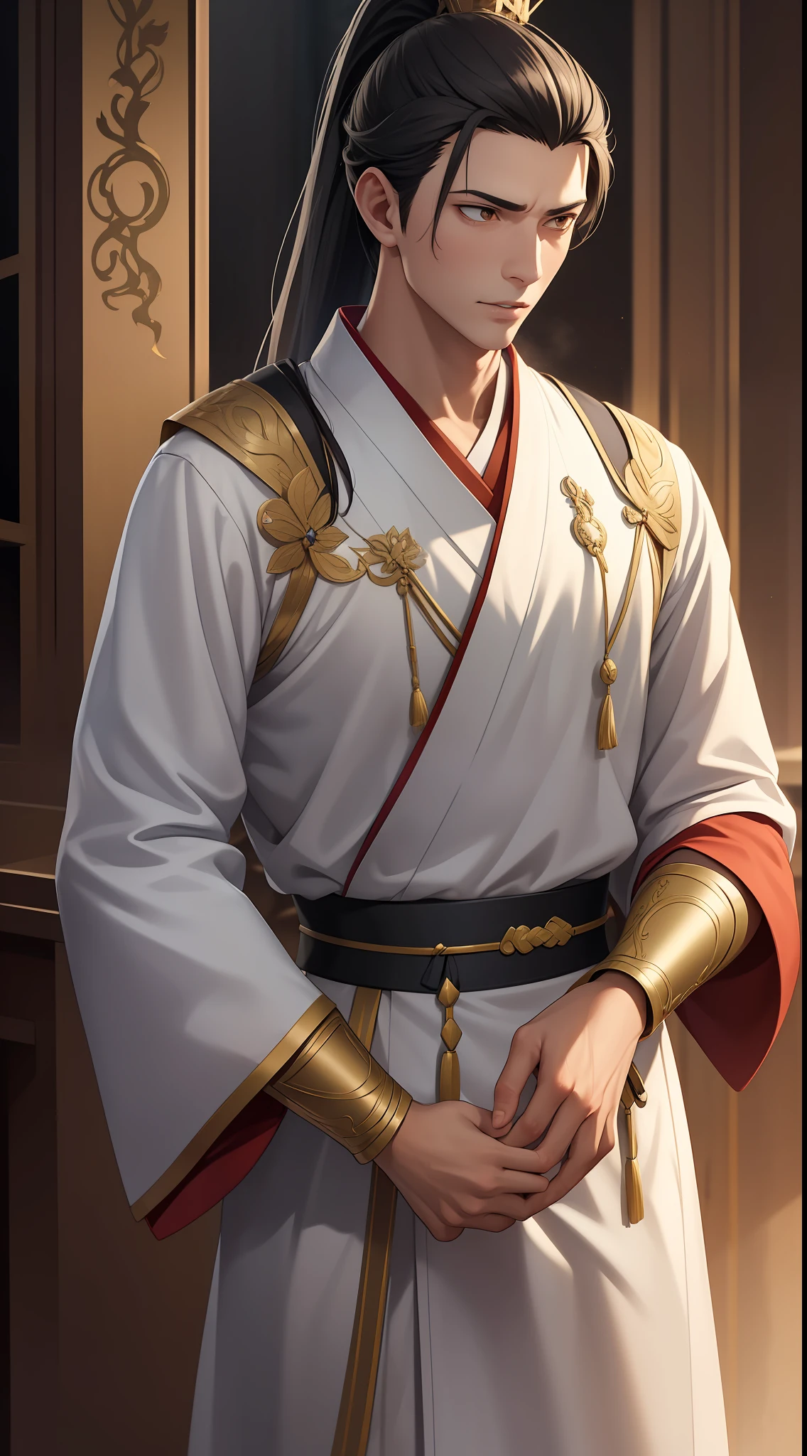 quadratic element,style of anime,mtu(Male Warrior),The proportions are correct,Face details,swordsmen,High ponytail hairstyle,Neck details,There is an Adam's apple,Golden Hanfu,kaftan,Embroidered robes,Golden robes,clothes details,Handing over,longer sleeves,Game quality,Swordsmanship,Light and shadow tracking,Ray traching,detailed glow,cg render,hair detail,cabellos largos dorados,Golden eyes,Handsome,Handsome,(juvenile sense),Clothing is complicated,Perfectcomposition,Refinement,high qulity,higher details,Lots of details,The background is complex,a sense of atmosphere,