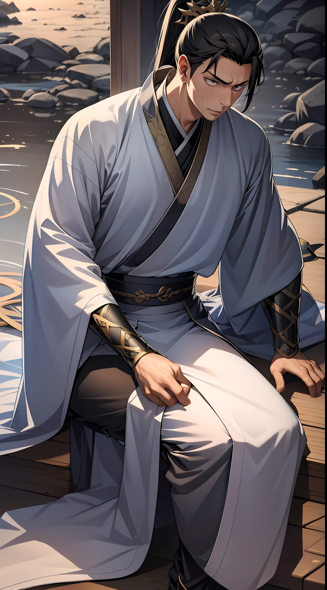 quadratic element,style of anime,mtu(Male Warrior),The proportions are correct,Face details,swordsmen,High ponytail hairstyle,Neck details,There is an Adam's apple,Golden Hanfu,kaftan,Embroidered robes,Golden robes,clothes details,Handing over,longer sleeves,Game quality,Swordsmanship,Light and shadow tracking,Ray traching,detailed glow,cg render,hair detail,cabellos largos dorados,Golden eyes,Handsome,Handsome,(juvenile sense),Clothing is complicated,Perfectcomposition,Refinement,high qulity,higher details,Lots of details,The background is complex,a sense of atmosphere,