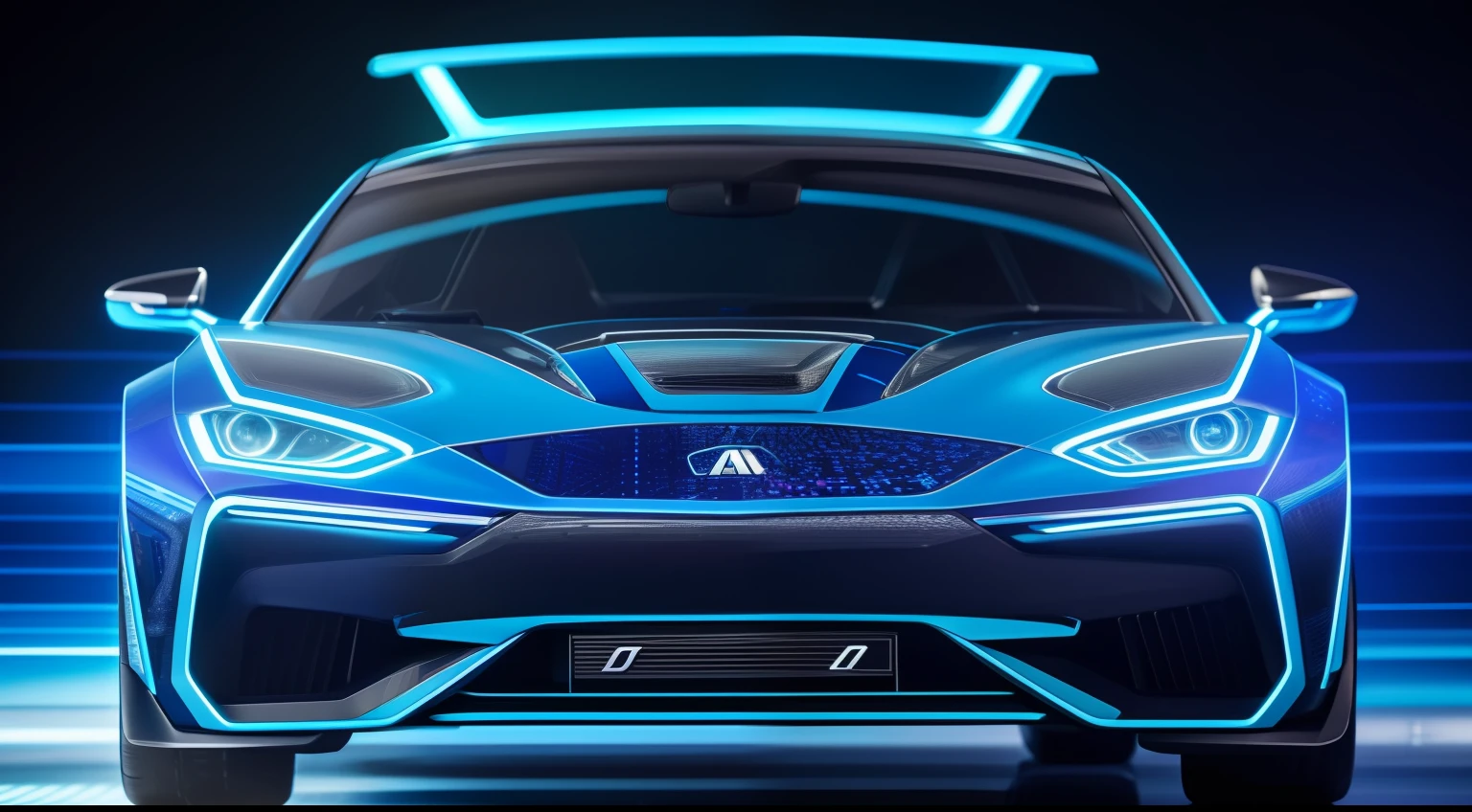 blue colors，Rich and intricate details，AI-generated images of technology present visually appealing futuristic scenarios。In the foreground，The transparent quality of the car's holographic interface floats above the smooth and transparent panel，Exudes a soft and ethereal glow。Holograms show complex patterns、Visualize data and vibrant colors，It represents the fusion of information and innovation。