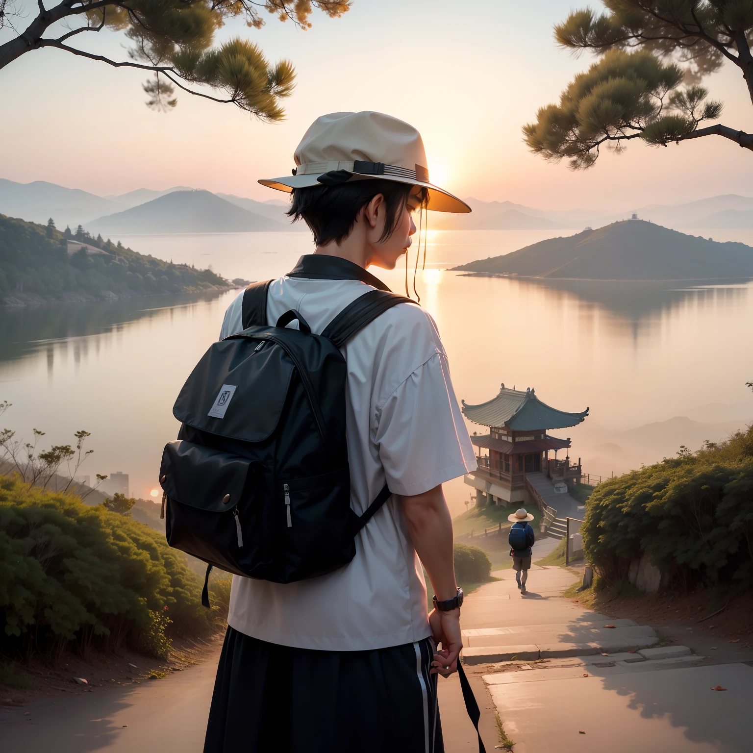 On the hill stood a man with a white backpack on his back,Photo in Park Ji-min's style,during sunrise,haze over the shoulder shot,Wear a black fisherman's hat,Sunrise facing the distance