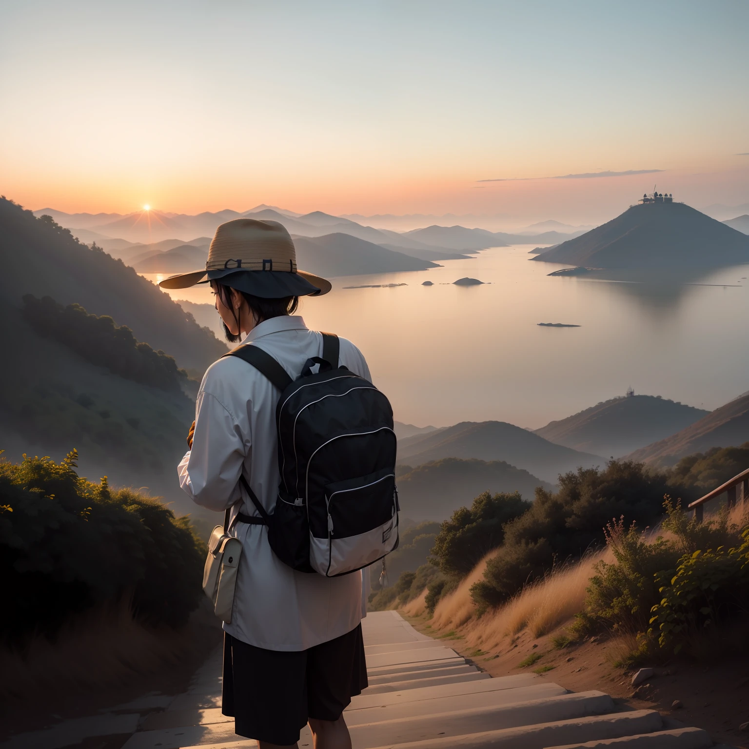 On the hill stood a man with a white backpack on his back,Photo in Park Ji-min's style,during sunrise,haze over the shoulder shot,Wear a black fisherman's hat,Sunrise facing the distance