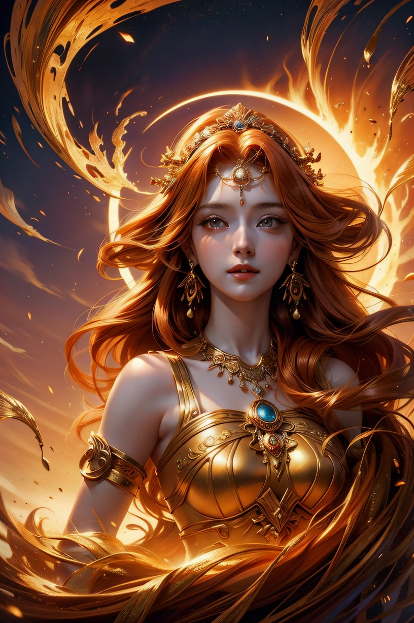 Goddess in ancient mythology,goddess of the sun,Golden-red hair,Beautiful and delicate face,floated hair,offcial art,Extremely detailed ,Dynamic background,8k wallpaper,official aesthetics,Mythological aesthetics