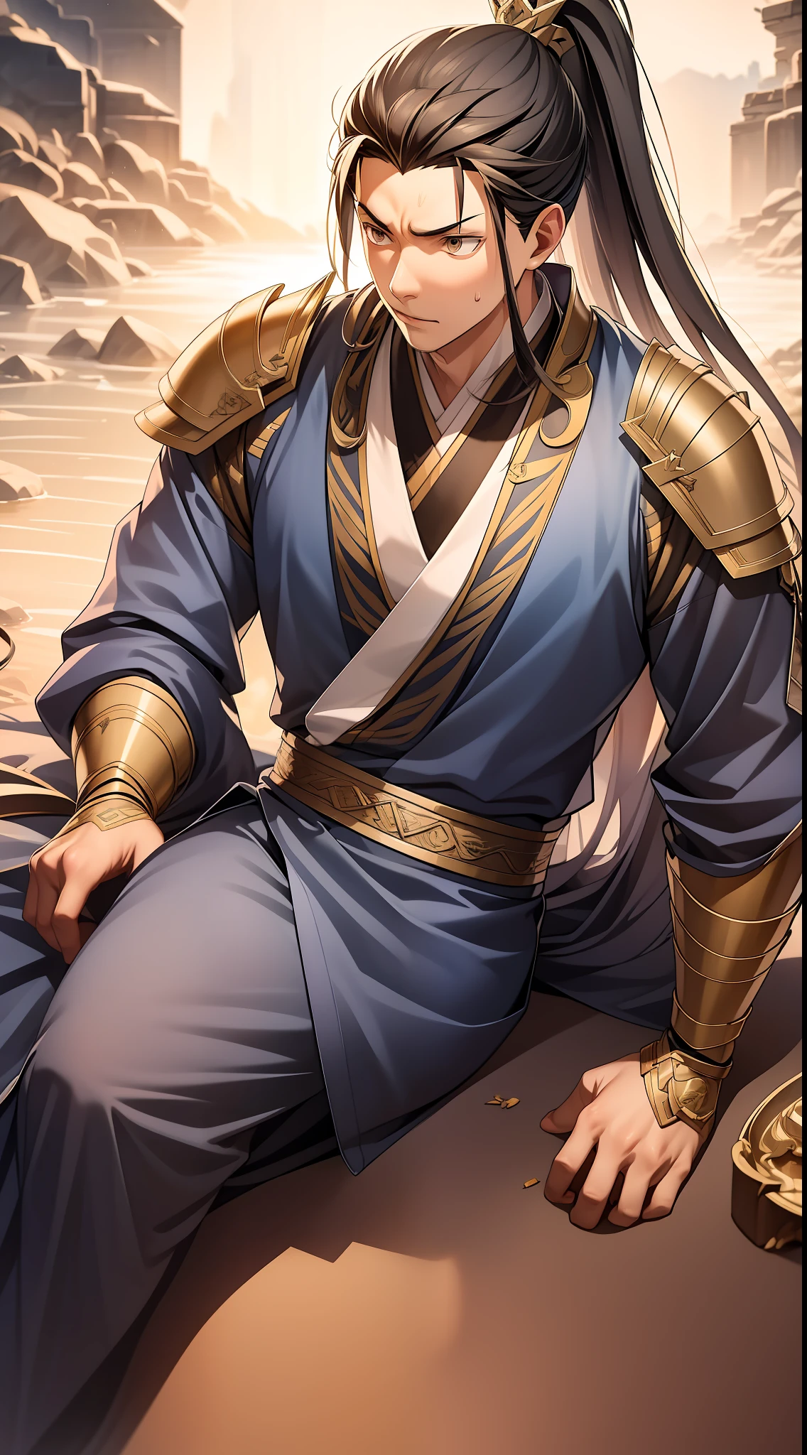 quadratic element，style of anime，mtu（Male Warrior），The proportions are correct，Face details，swordsmen，High ponytail hairstyle，Neck details，There is an Adam's apple，Golden Hanfu，kaftan，Embroidered robes，Golden robes，clothes details，Handing over，longer sleeves，Game quality，Swordsmanship，Light and shadow tracking，Ray traching，detailed glow，cg render，hair detail，cabellos largos dorados，Golden eyes，Handsome，Handsome，（juvenile sense），Clothing is complicated，Perfectcomposition，Refinement，high qulity，higher details，Lots of details，The background is complex，a sense of atmosphere，