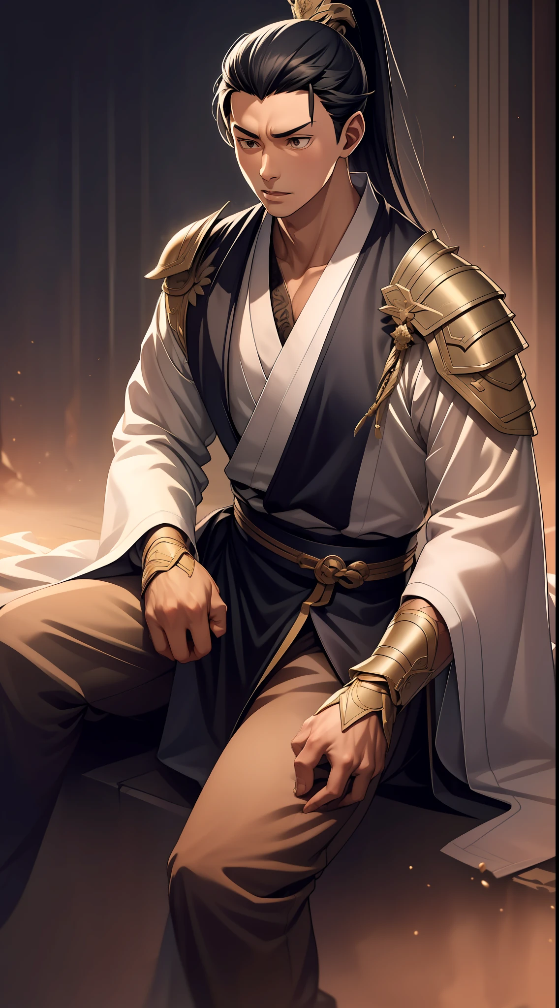 quadratic element,style of anime,mtu(Male Warrior),The proportions are correct,Face details,swordsmen,High ponytail hairstyle,Neck details,There is an Adam's apple,Golden Hanfu,kaftan,Embroidered robes,Golden robes,clothes details,Handing over,longer sleeves,Game quality,Swordsmanship,Light and shadow tracking,Ray traching,detailed glow,cg render,hair detail,cabellos largos dorados,Golden eyes,Handsome,Handsome,(juvenile sense),Clothing is complicated,Perfectcomposition,Refinement,high qulity,higher details,Lots of details,The background is complex,a sense of atmosphere,