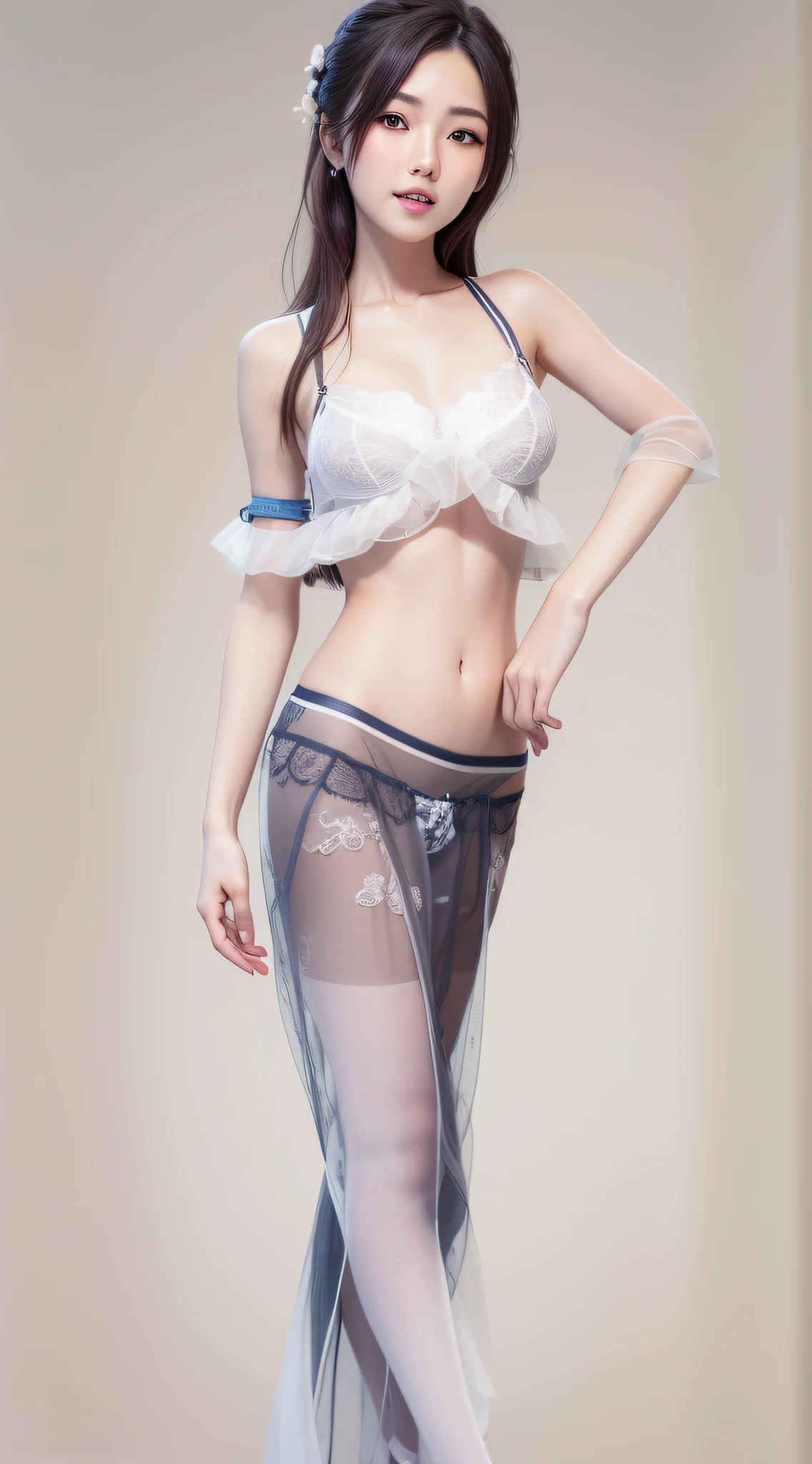 photorealisti,ultra-detailed,japanese pretty woman, 1girl, slender abs :1.1, dark brown hair, ultra-detailed face, highly detailed lips, detailed eyes, double eyelid, white panty, spread legs, white bra, smile