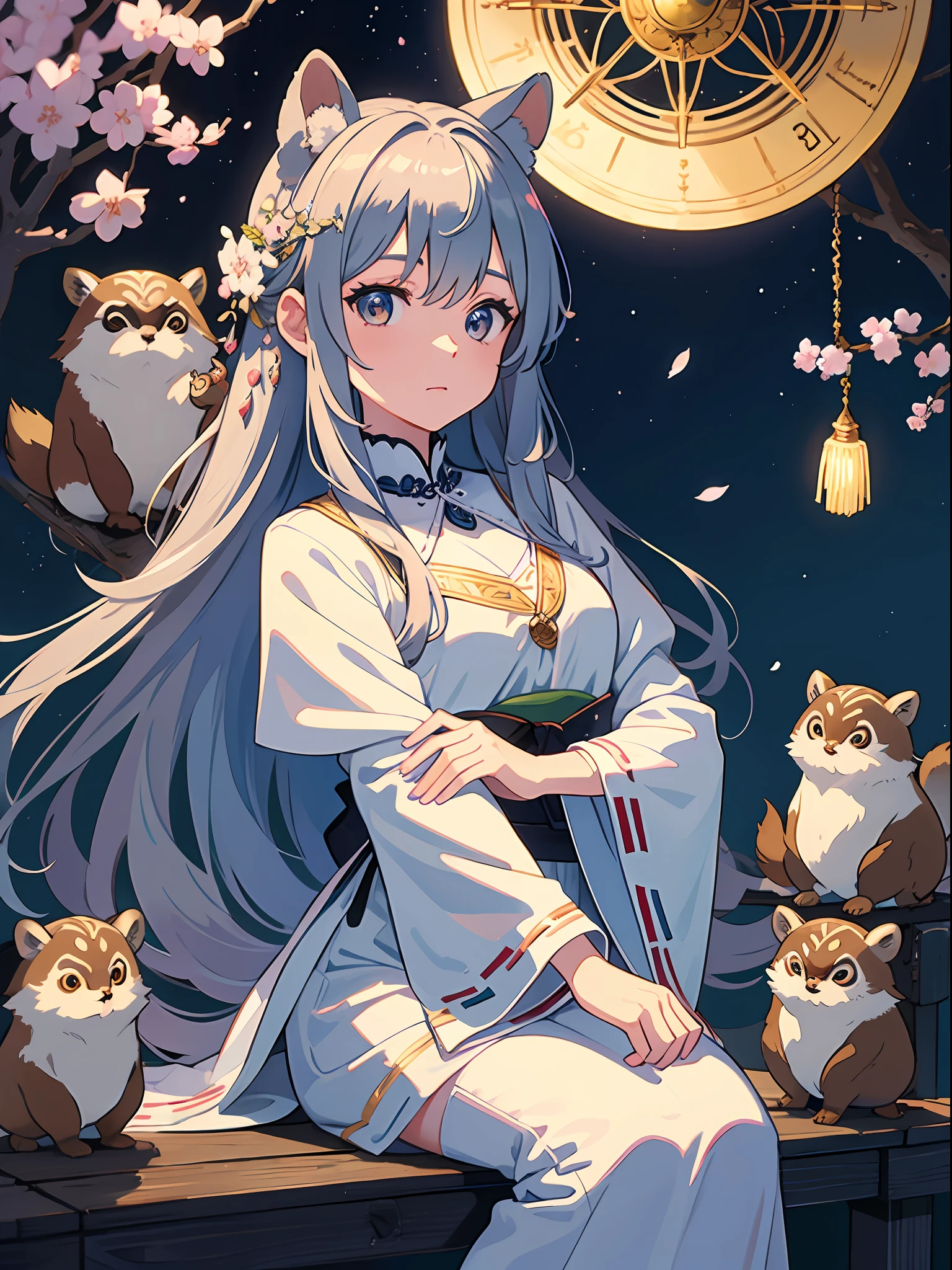 ((8K、masterpiece、top-quality))、Illustration drawn in ink、ink and watercolor painting、Witches、Silver eyes、Silvery hair、Traditional costumes、Tanuki ears、Tanuki tail、Beautiful light reflection、lensflare、Seasonal geometric patterns、Sakura blizzard、hortensia、Colored leaves、Snowflake、natural、the golden ratio、pastels、Soothing、Soft tones