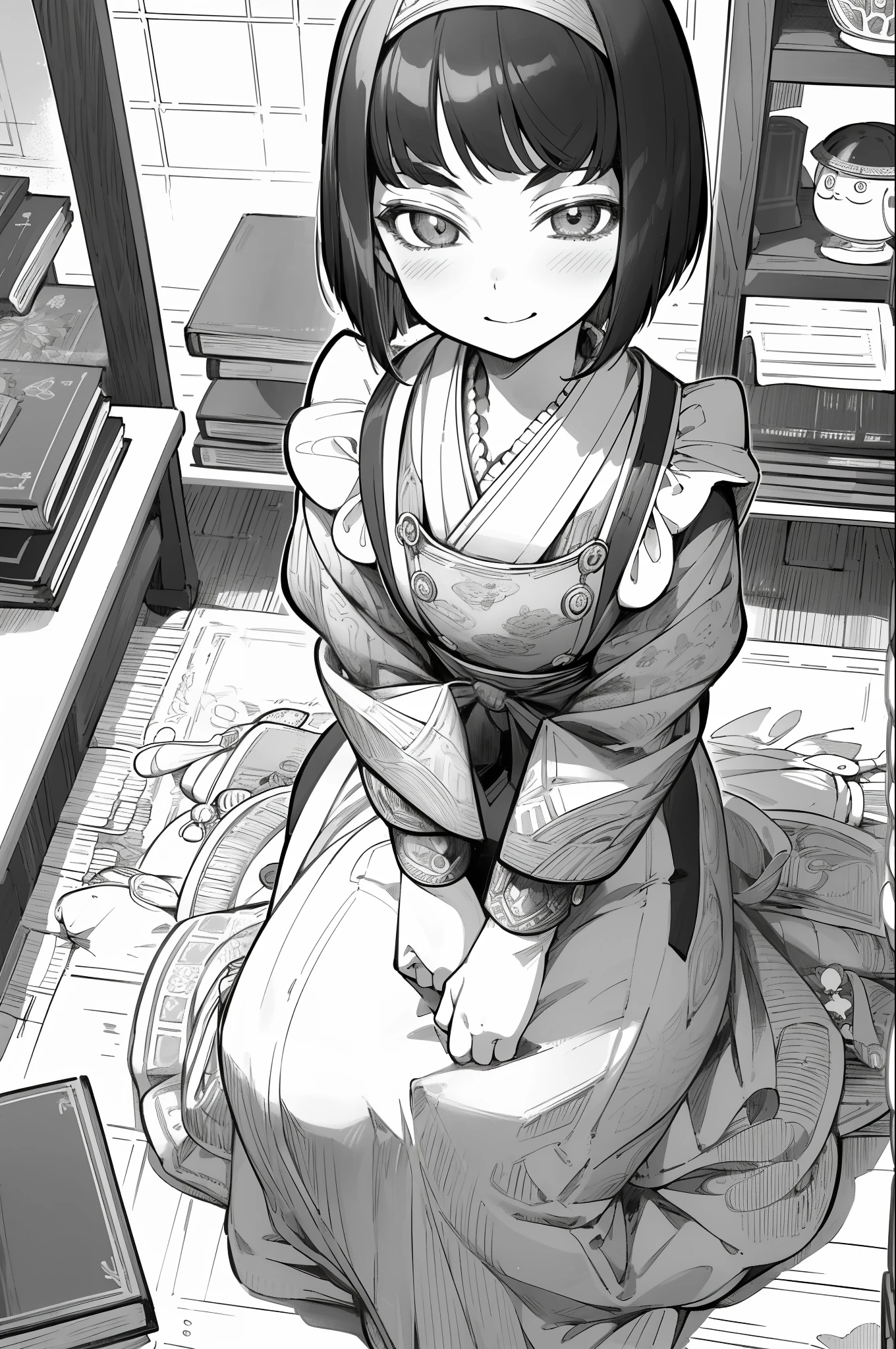 masterpiece, 1girl, solo,  pov, sitting,from above,  smile, yo, traditional maid, maid, greyscale, monochrome, halftone, drawing, manga, otoyomegatari,
British, eyeforcus, bob cut,  face focus, bust shot, many book shelf, study room,