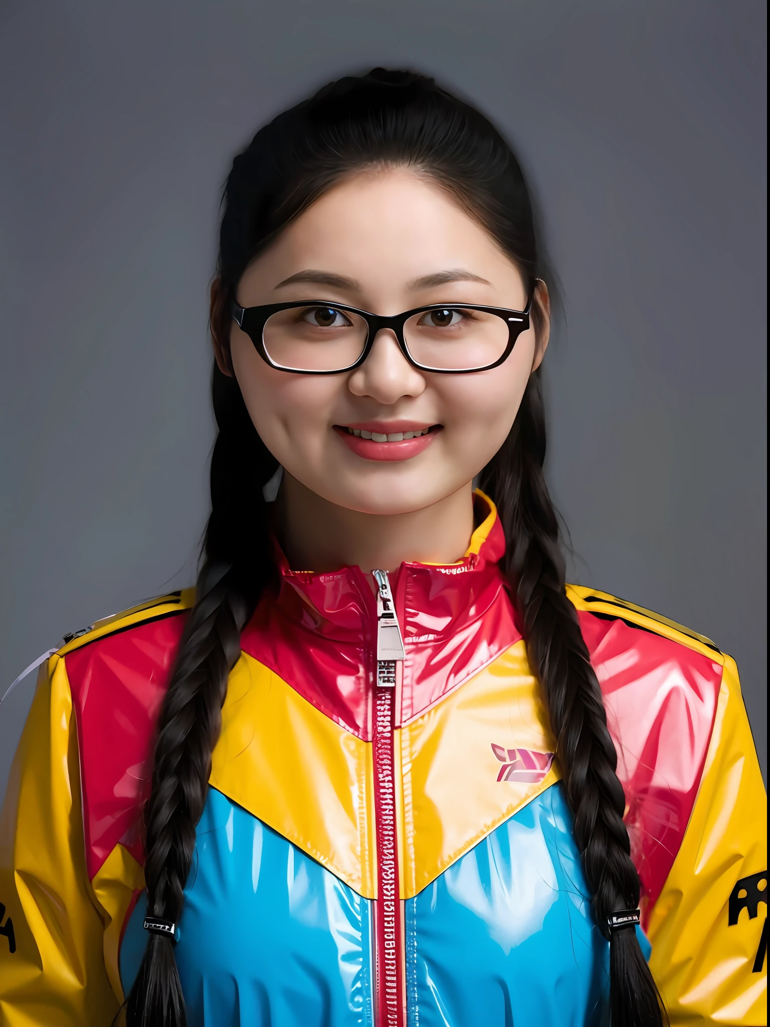 A Chinese high school girl,Wear PVC colored casual clothes,There are zippers