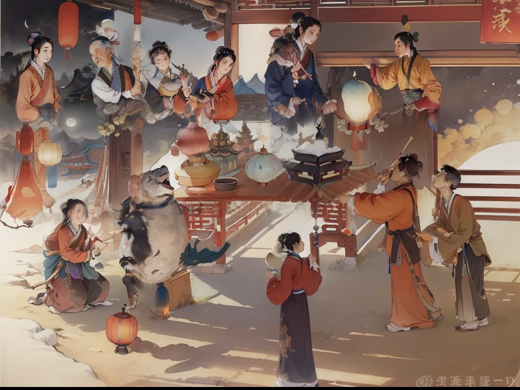 Ancient Chinese landscapes,Ancient buildings,Pavilions,Carved beams and paintings,enchanting scenery,Night,Moon light,Layered, Rich light and shadow,Mid-Autumn Festival, Ink painting style,clean color,Low-saturation colors,Colors of low brightness,Decisive cut,Leave white space,impressionistic,tmasterpiece,ultra - detailed,Epic composition, HighestQuali,hyper realisitc,Art germ --v 6