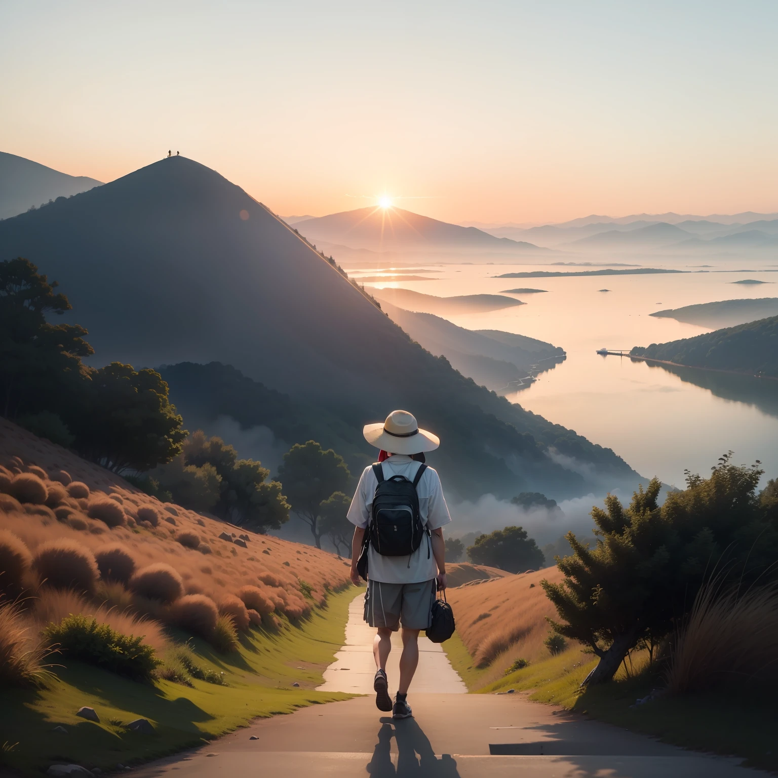 On the hill stood a man with a white backpack on his back，Photo in Park Ji-min's style，during sunrise，haze over the shoulder shot，Wear a black fisherman's hat，Sunrise facing the distance