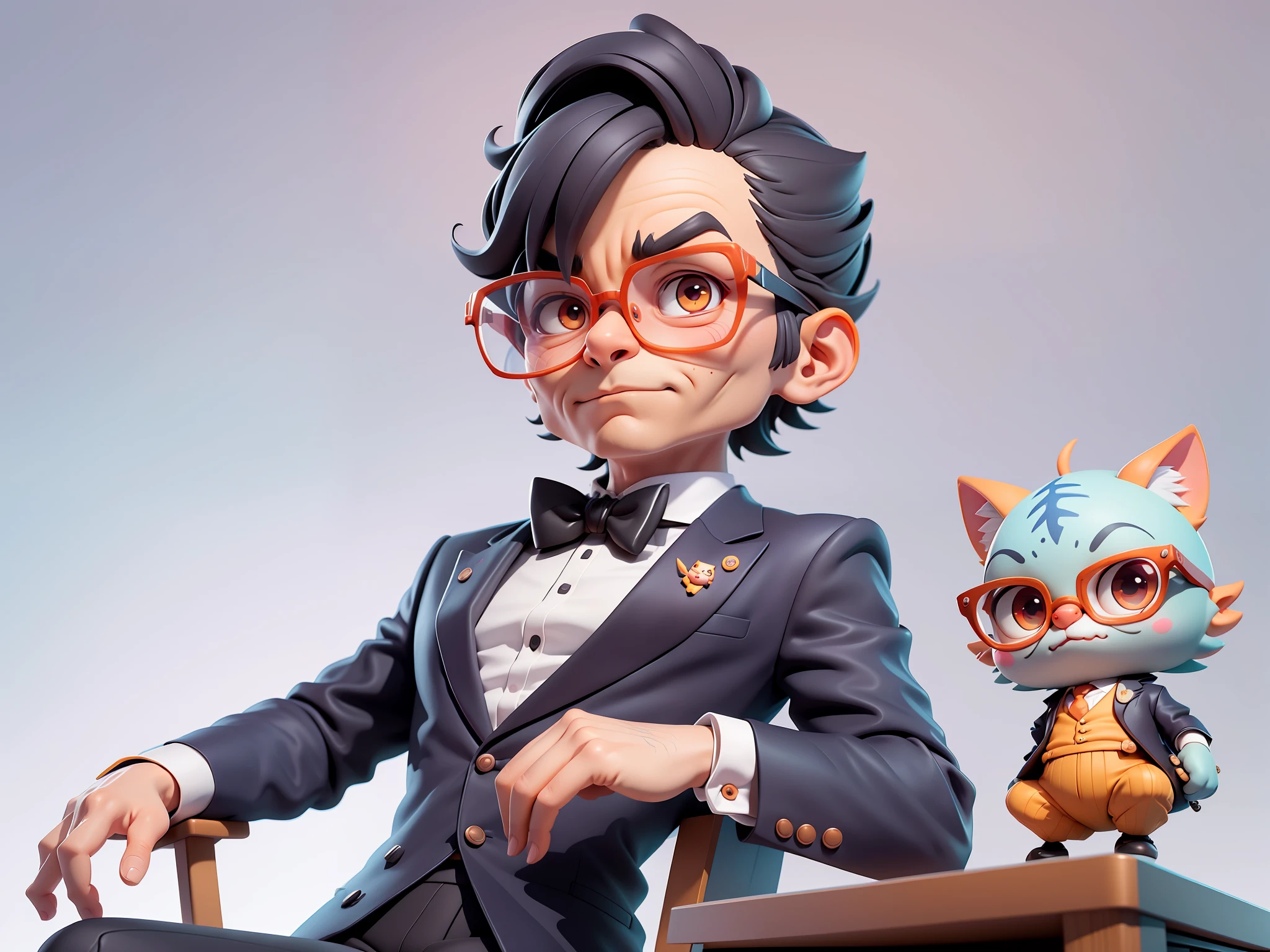 A young man in formal clothes，Short hair and glasses，Sitting at your desk，holding laptop，digitial painting，cartoonish style，4K HD illustration，Very detailed facial features，tigre，Mark Clairdon，by Pixar，3D character design：Hayao Miyazaki and Akira Toriyama, Cartoon-style visuals。