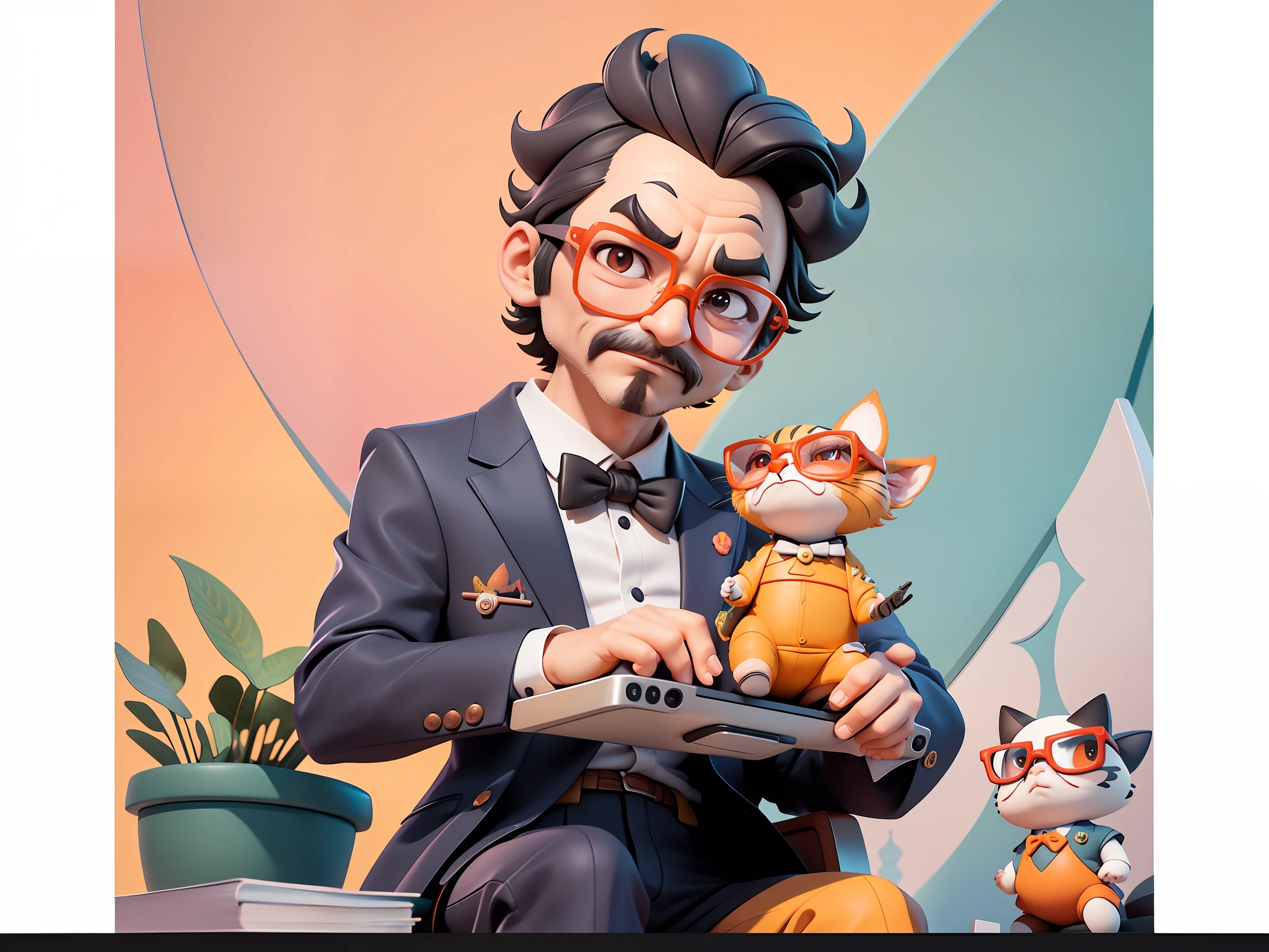 A young man in formal clothes,Short hair and glasses,Sitting at your desk,holding laptop,digitial painting,cartoonish style,4K HD illustration,Very detailed facial features,tigre,Mark Clairdon,by Pixar,3D character design:Hayao Miyazaki and Akira Toriyama, Cartoon-style visuals。