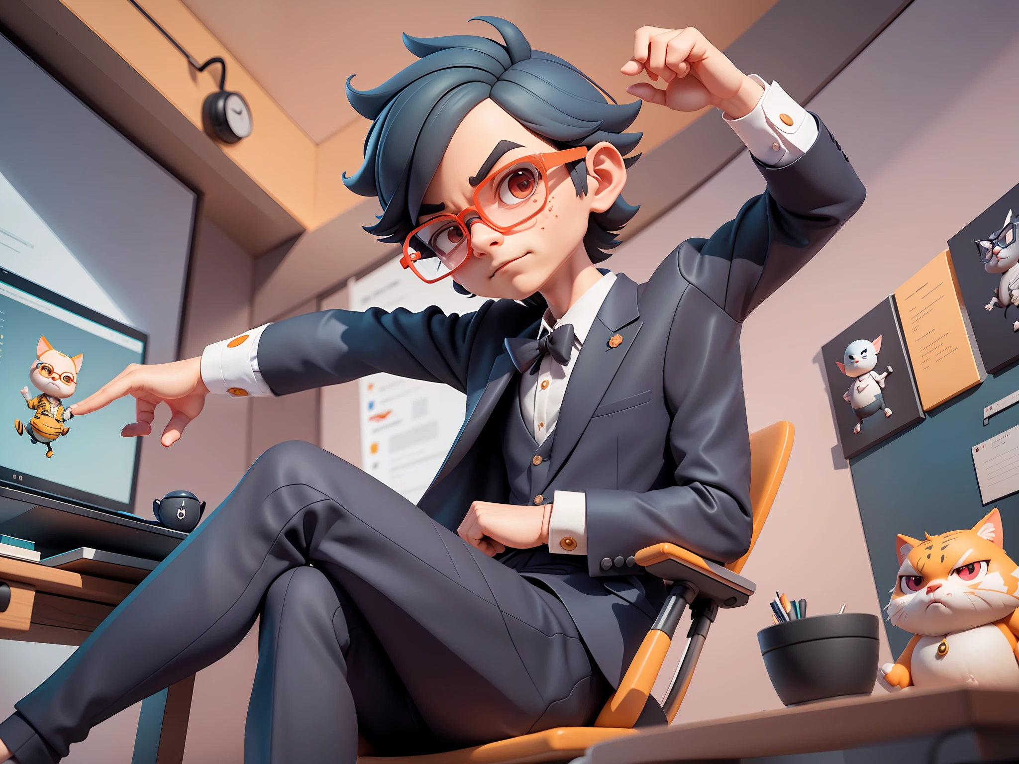 A young man in formal clothes,Short hair and glasses,Sitting at your desk,holding laptop,digitial painting,cartoonish style,4K HD illustration,Very detailed facial features,tigre,Mark Clairdon,by Pixar,3D character design:Hayao Miyazaki and Akira Toriyama, Cartoon-style visuals。