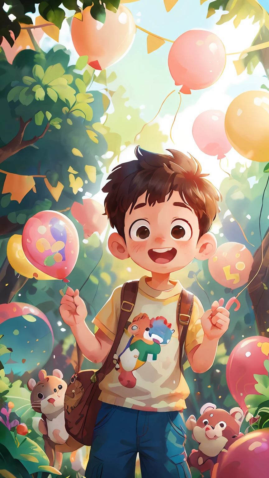 A boy, zoo, many balloons, happy, happy, perfect quality, clear focus (clutter - home: 0.8), (masterpiece: 1.2) (realistic: 1.2) (bokeh) (best quality) (detailed skin: 1.3) (intricate details) (8K) (detail eyes) (sharp focus), (happy)