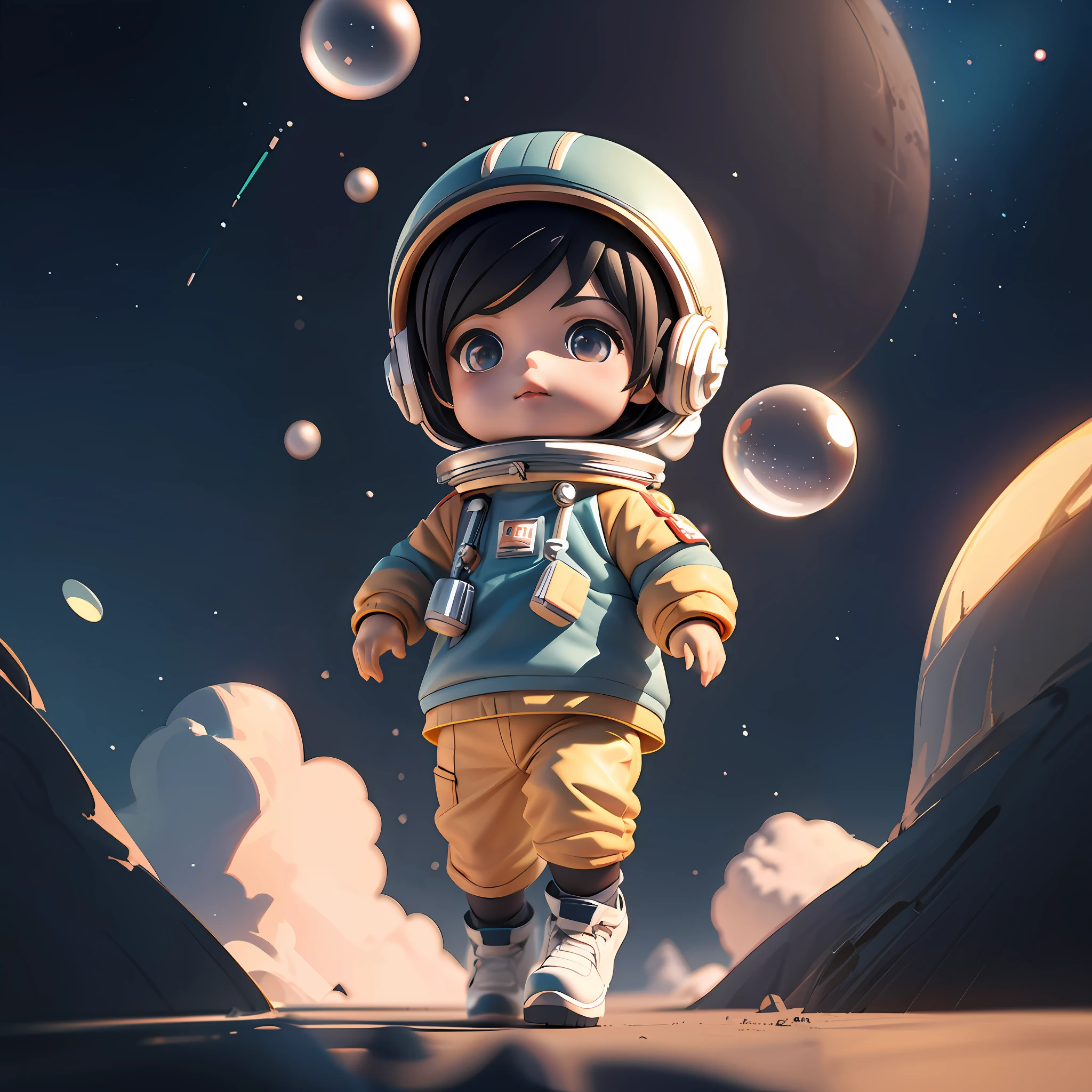 Cartoon illustration of a boy in a spacesuit and helmet, Cute detailed digital art, cute 3 d render, little astronaut looking up, lovely digital painting, 3 d render stylized, adorable digital art, childrens art in artstation, anime styled 3d, 3 D rendering character art 8 K, Portrait anime space cadet boy, Stylized anime,There are planets in the sky