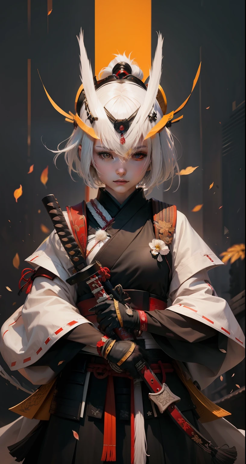 Girl, human, pretty, white hair, realistic, samurai, short hair