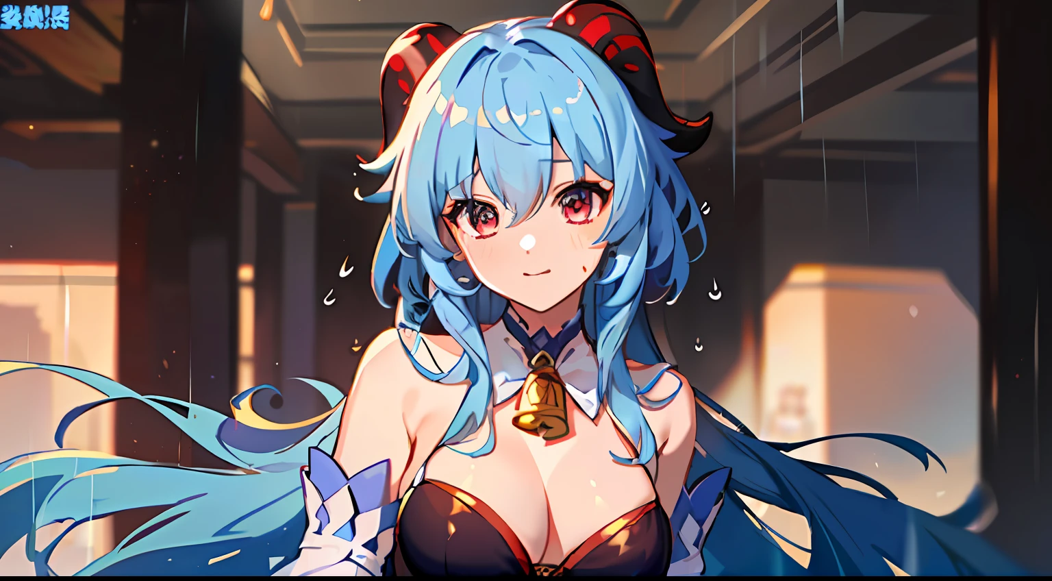 1girl in (masterpiece) (top-quality)、sarong, Dancing Princess、ganyu \(GenshinImpact\)、lightblue hair、red eyes、red horns、Colossal tits、Sweet rain、Teleface、Red cheeks