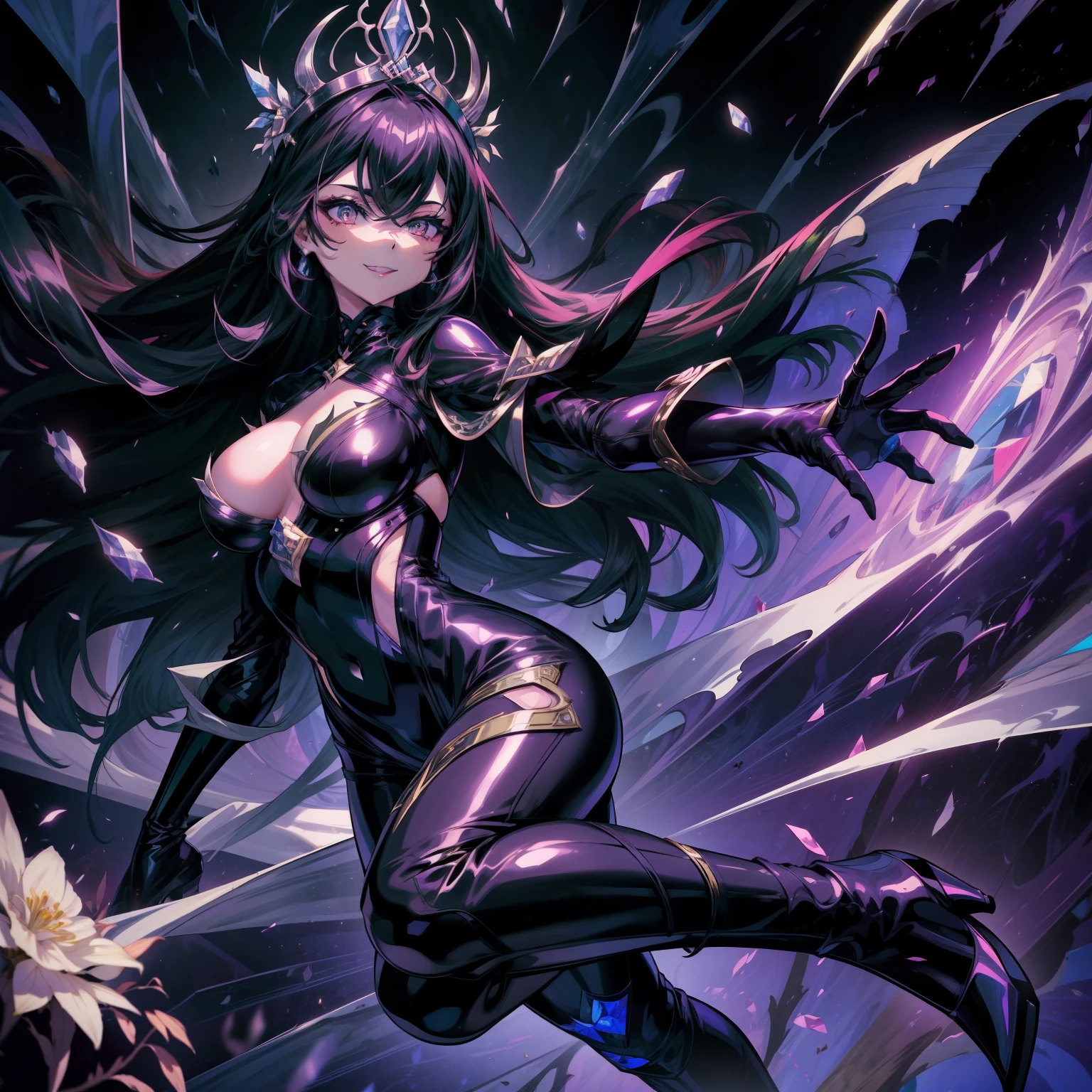 hightquality。Woman in black bodysuit。cool lady。Long gloves and boots。Ivy wrapping her outfit。Sharp Tiara。Woman fused with rose flowers。Thorny costume。Ivy with spines。Black Long Hair。futuristic background。Provocative smile。