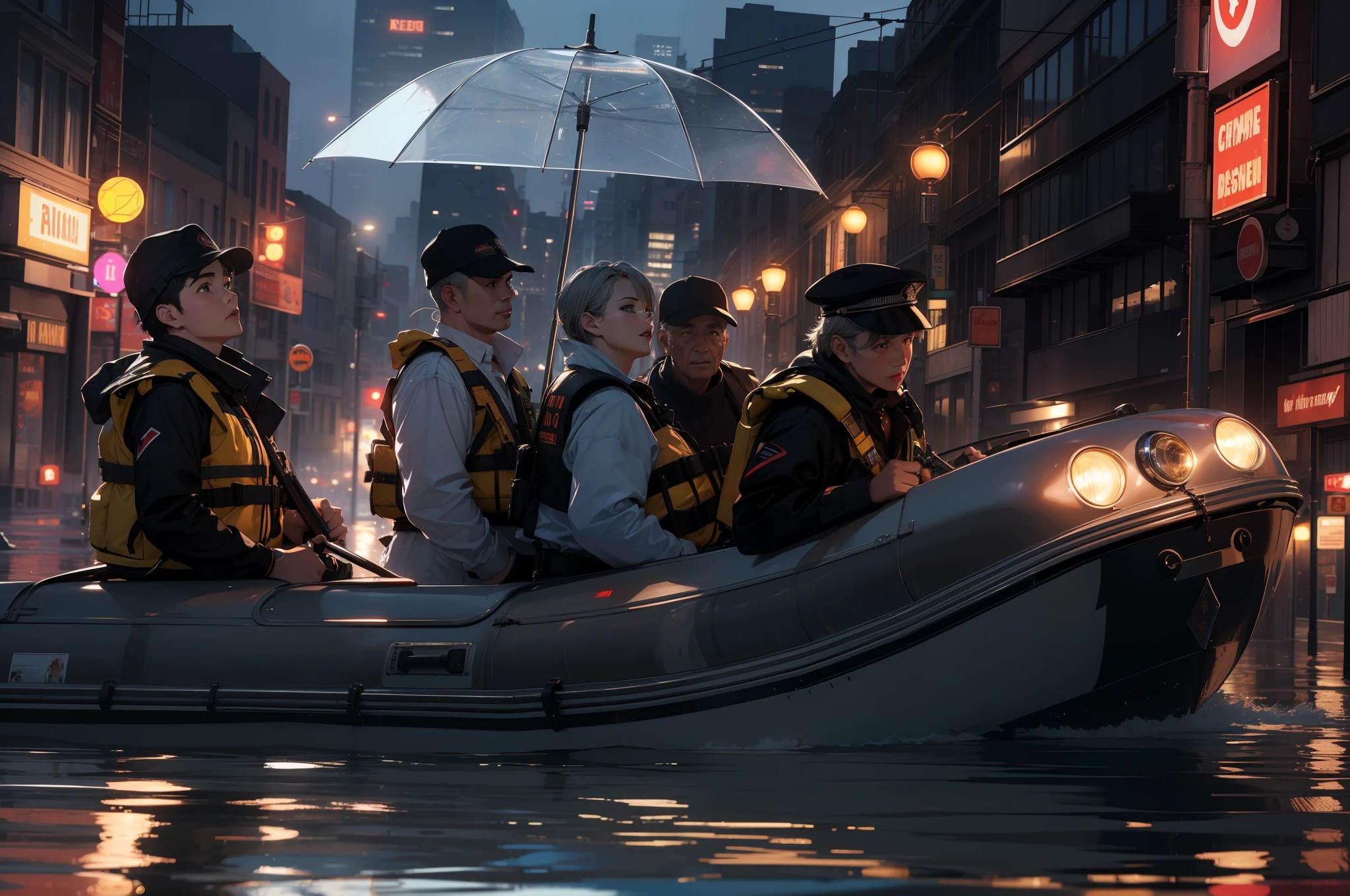 (Best quality),(Masterpiece),High details,extremely_Detailed_CG_Unity_8K_the wallpaper,((Amazing perspective:1.2)), On flooded streets,Several elderly men in life jackets and gray-haired men holding blue umbrellas on lifeboats, All males,rescue, Lifeboats in the river, lifeboat,Red life jacket,emergency,From the side Side,street,Evening,heavy rain,the street lights,traffic light,Neon light,Desolate,skyscraper,
